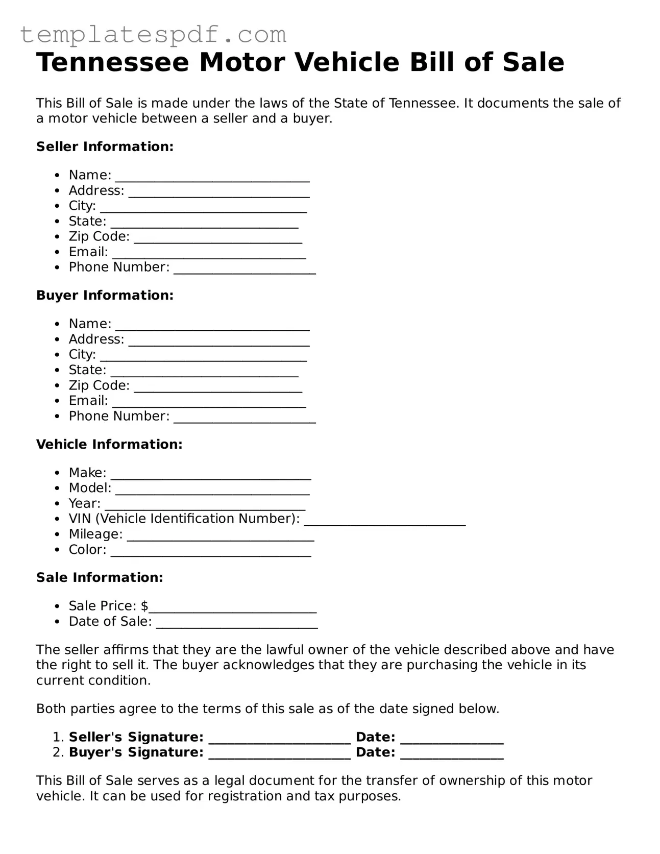 Official  Motor Vehicle Bill of Sale Form for Tennessee