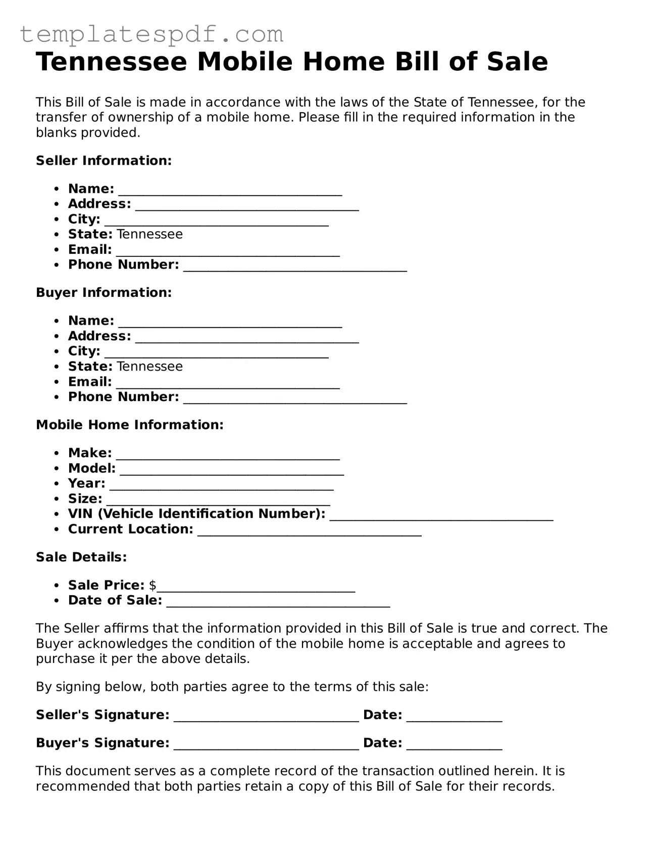 Official  Mobile Home Bill of Sale Form for Tennessee
