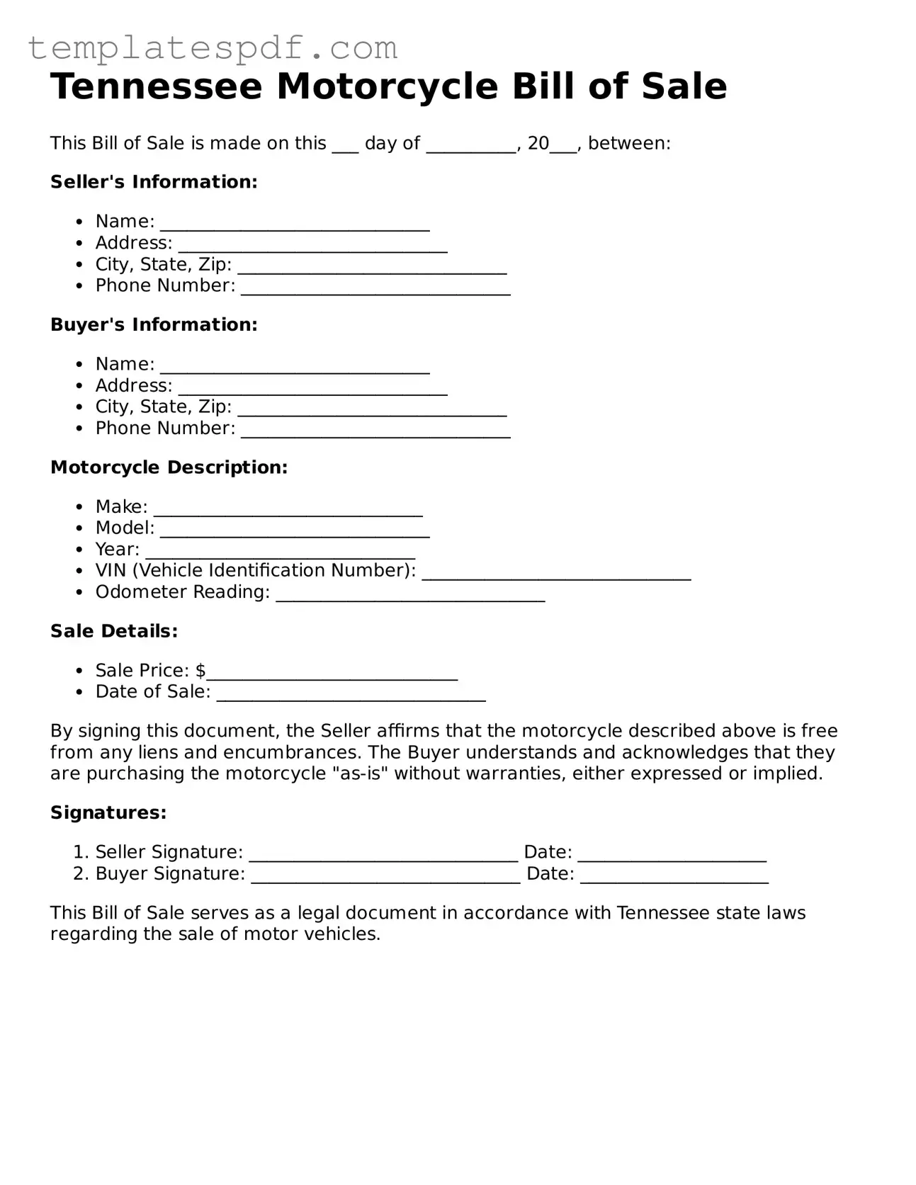 Official  Motorcycle Bill of Sale Form for Tennessee