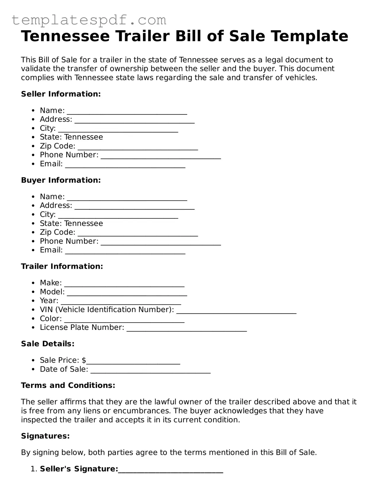 Official  Trailer Bill of Sale Form for Tennessee