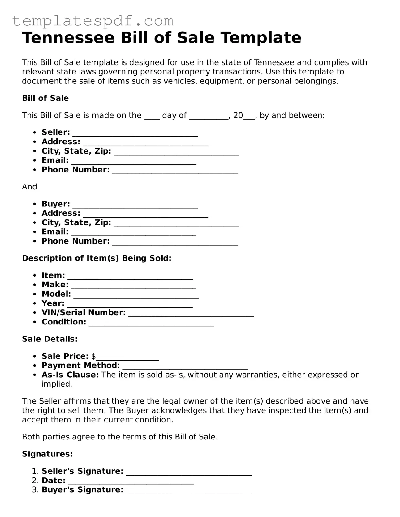 Official  Bill of Sale Form for Tennessee