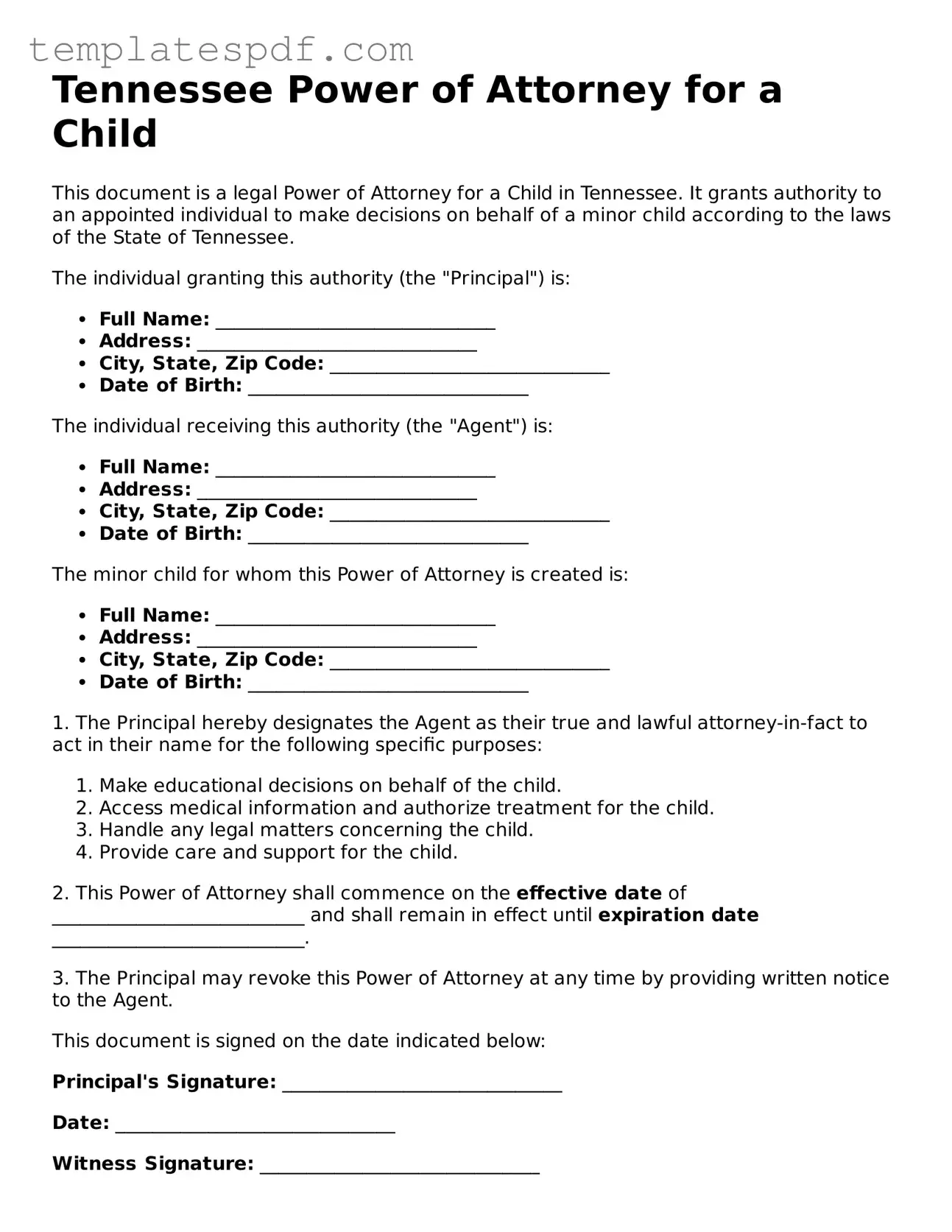 Official  Power of Attorney for a Child Form for Tennessee