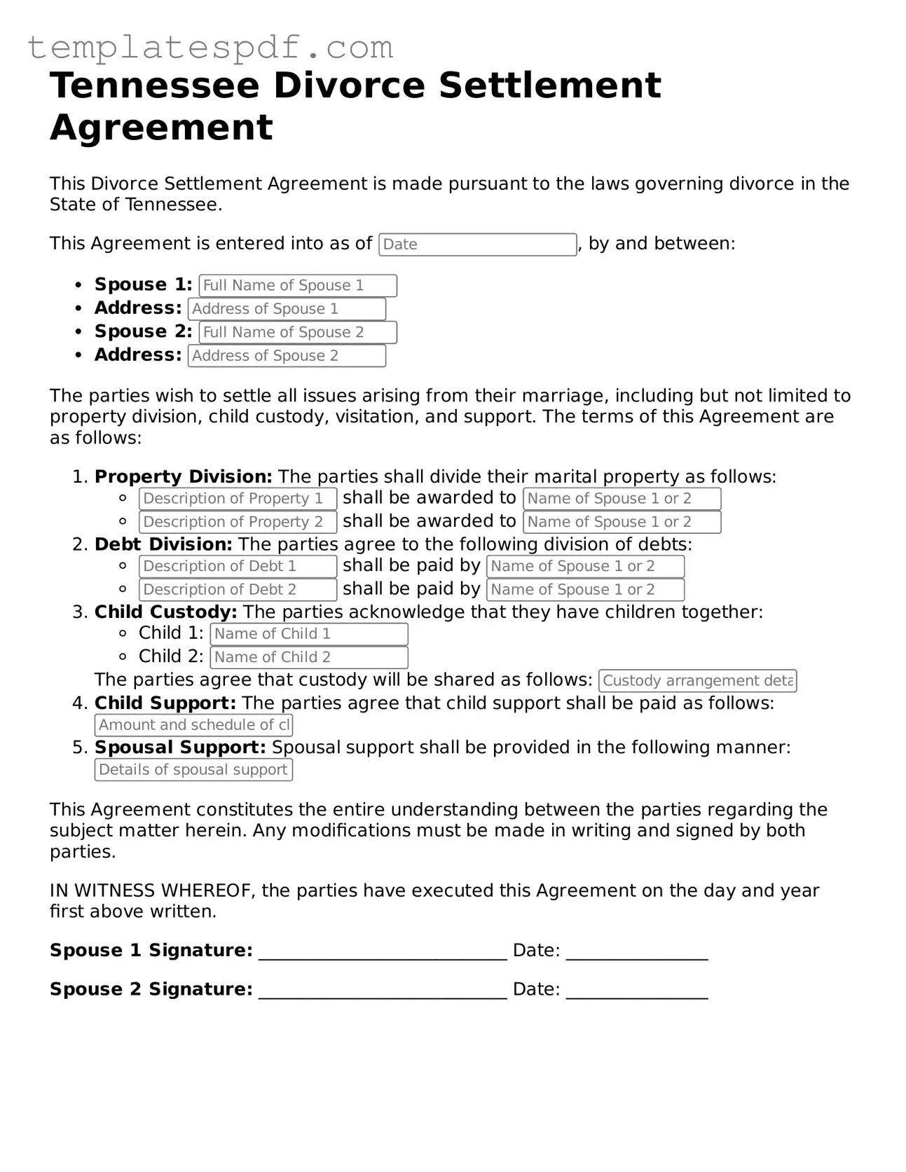 Official  Divorce Settlement Agreement Form for Tennessee