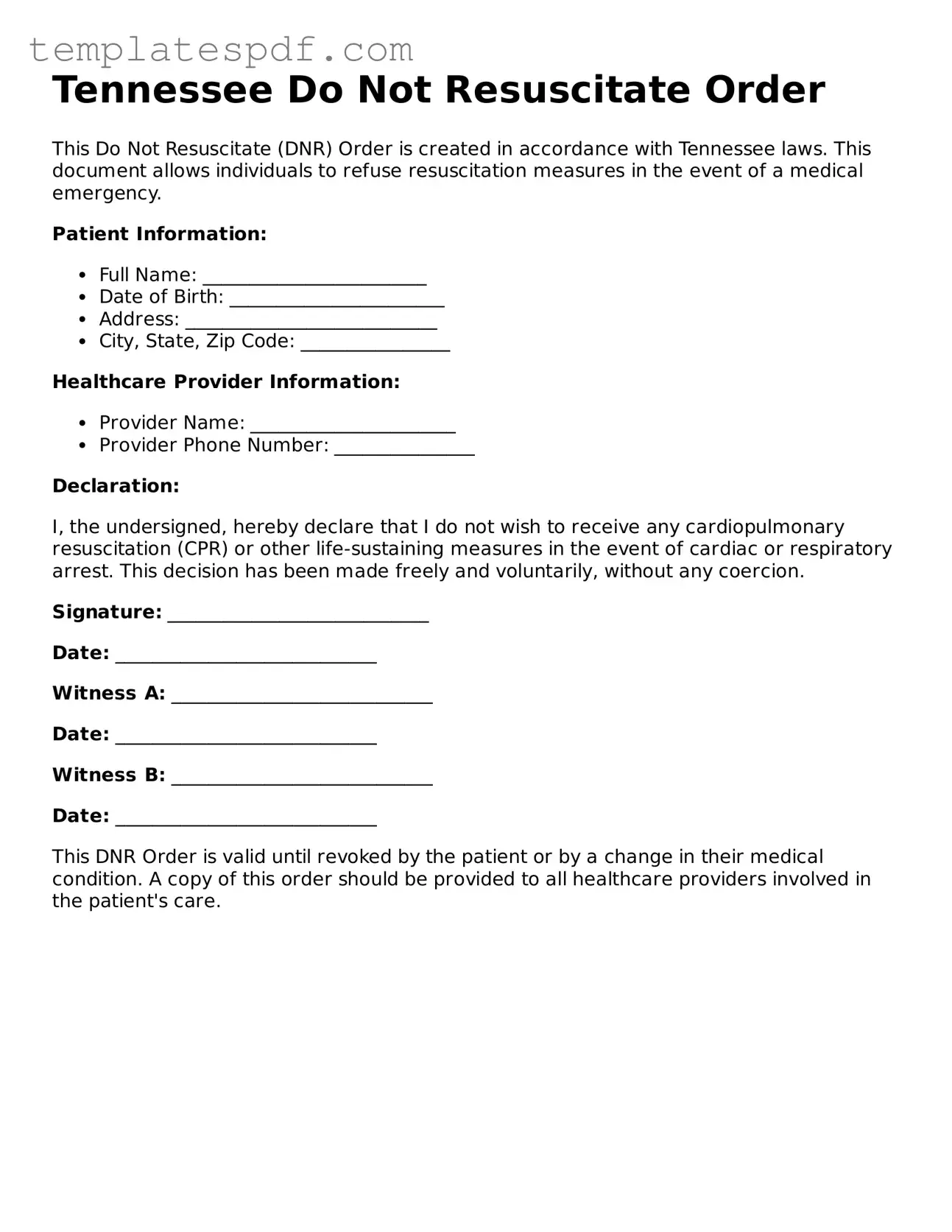 Official  Do Not Resuscitate Order Form for Tennessee