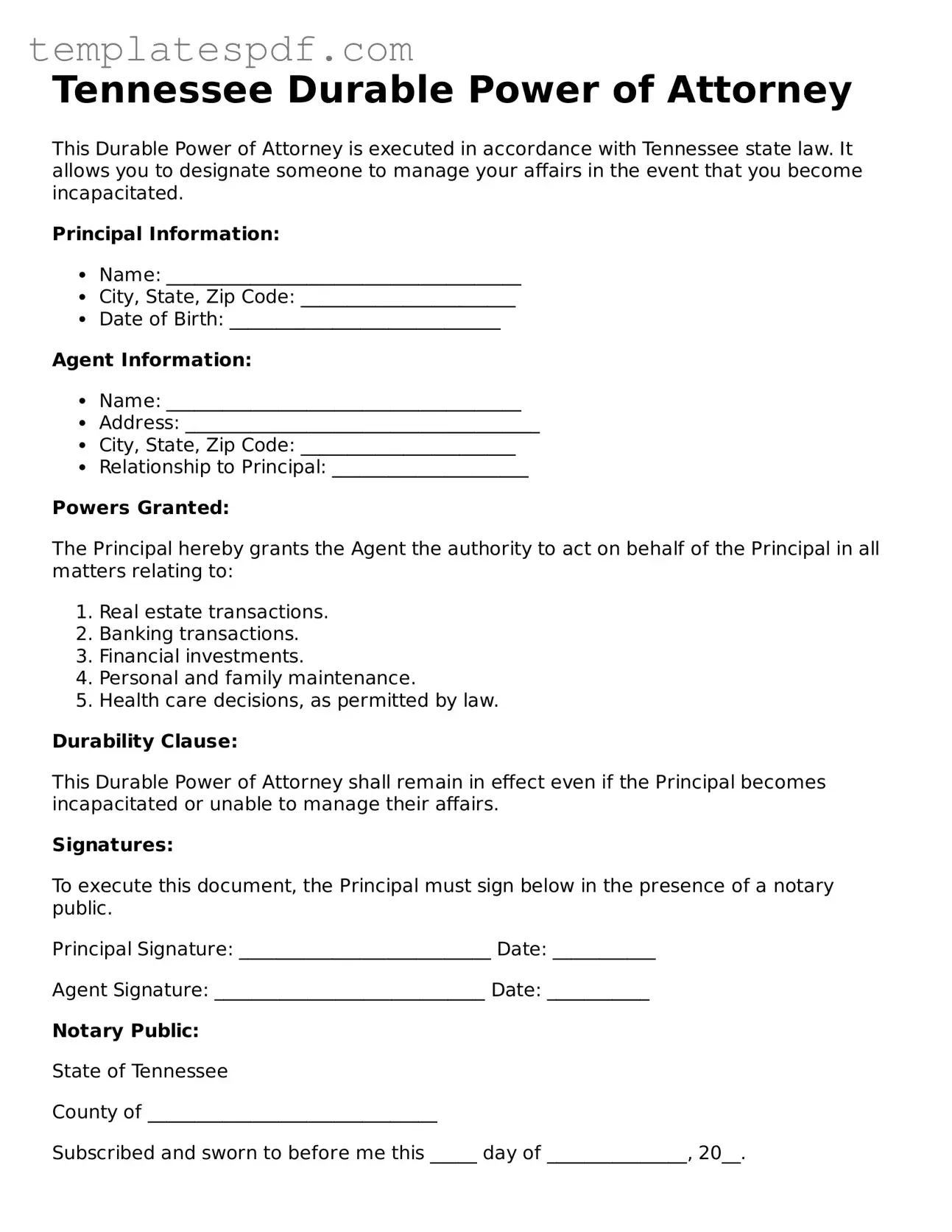 Official  Durable Power of Attorney Form for Tennessee