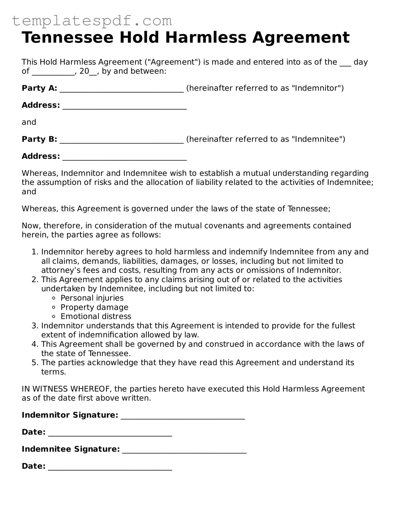 Official  Hold Harmless Agreement Form for Tennessee