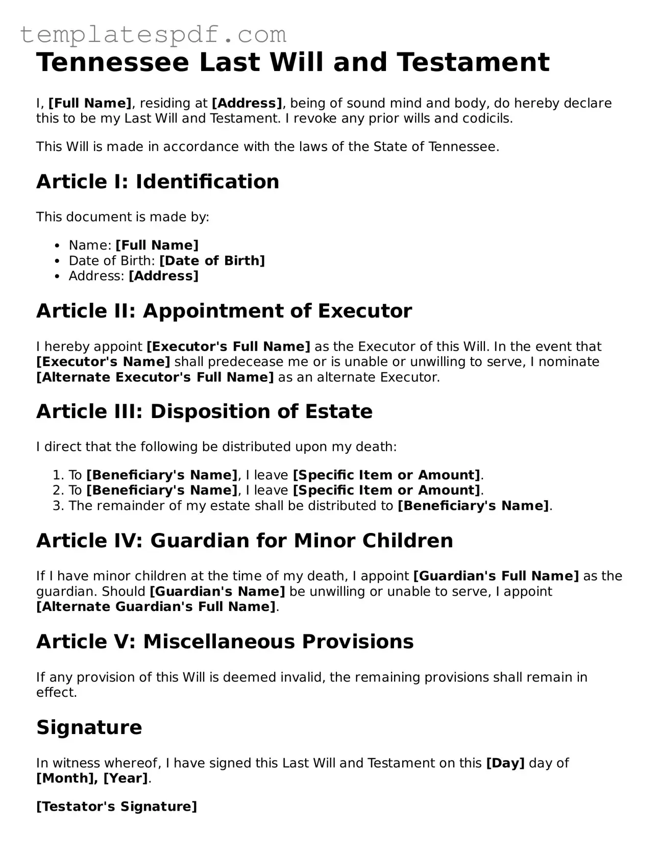 Official  Last Will and Testament Form for Tennessee