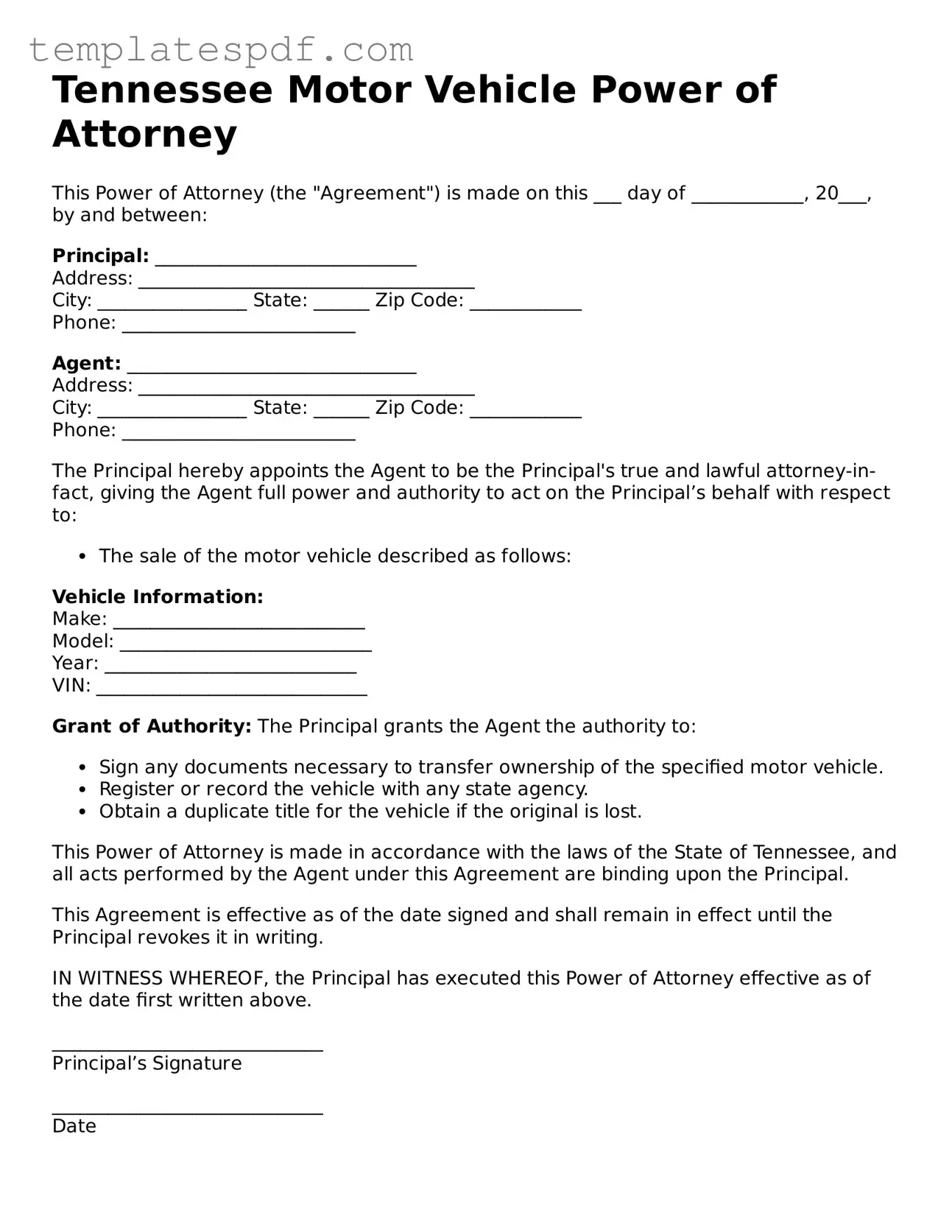 Official  Motor Vehicle Power of Attorney Form for Tennessee