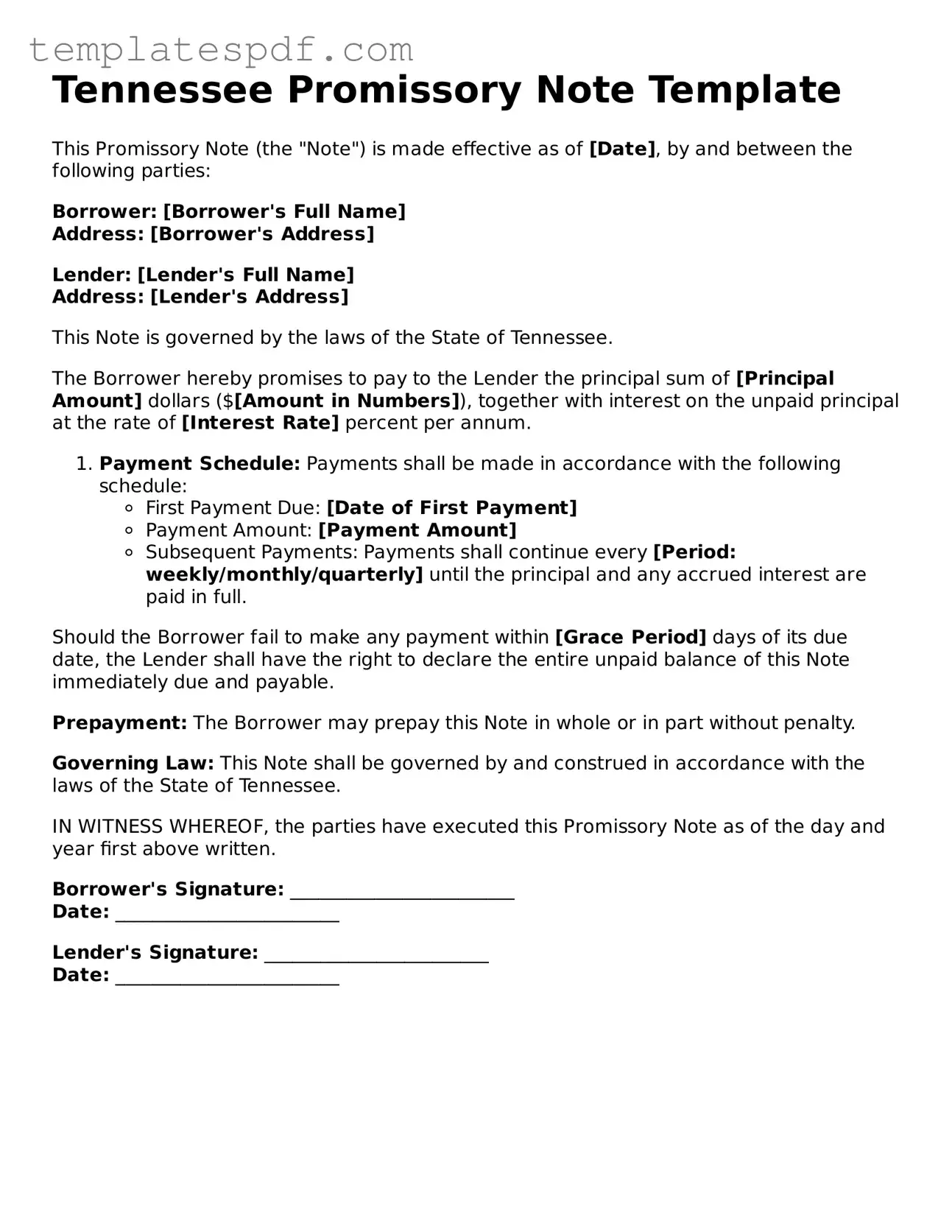 Official  Promissory Note Form for Tennessee