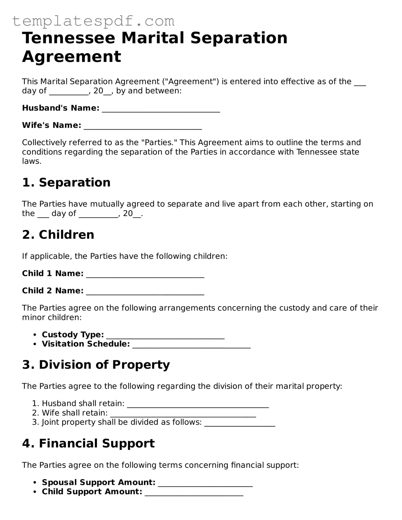 Official  Marital Separation Agreement Form for Tennessee
