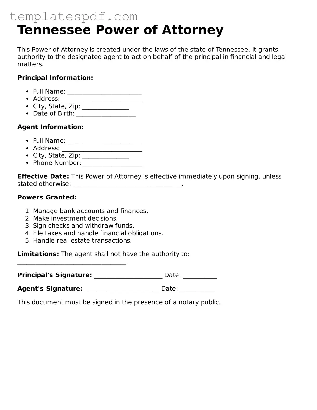 Official  Power of Attorney Form for Tennessee