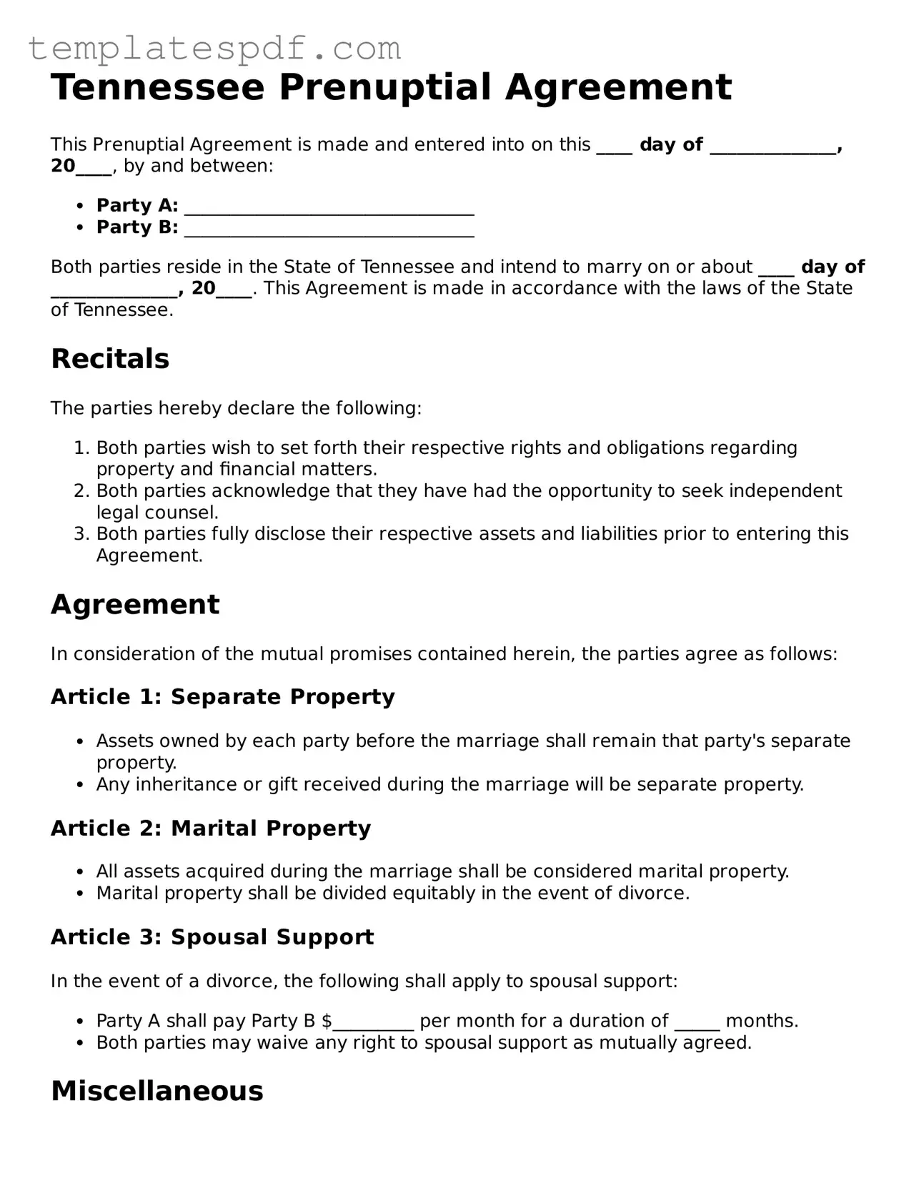 Official  Prenuptial Agreement Form for Tennessee
