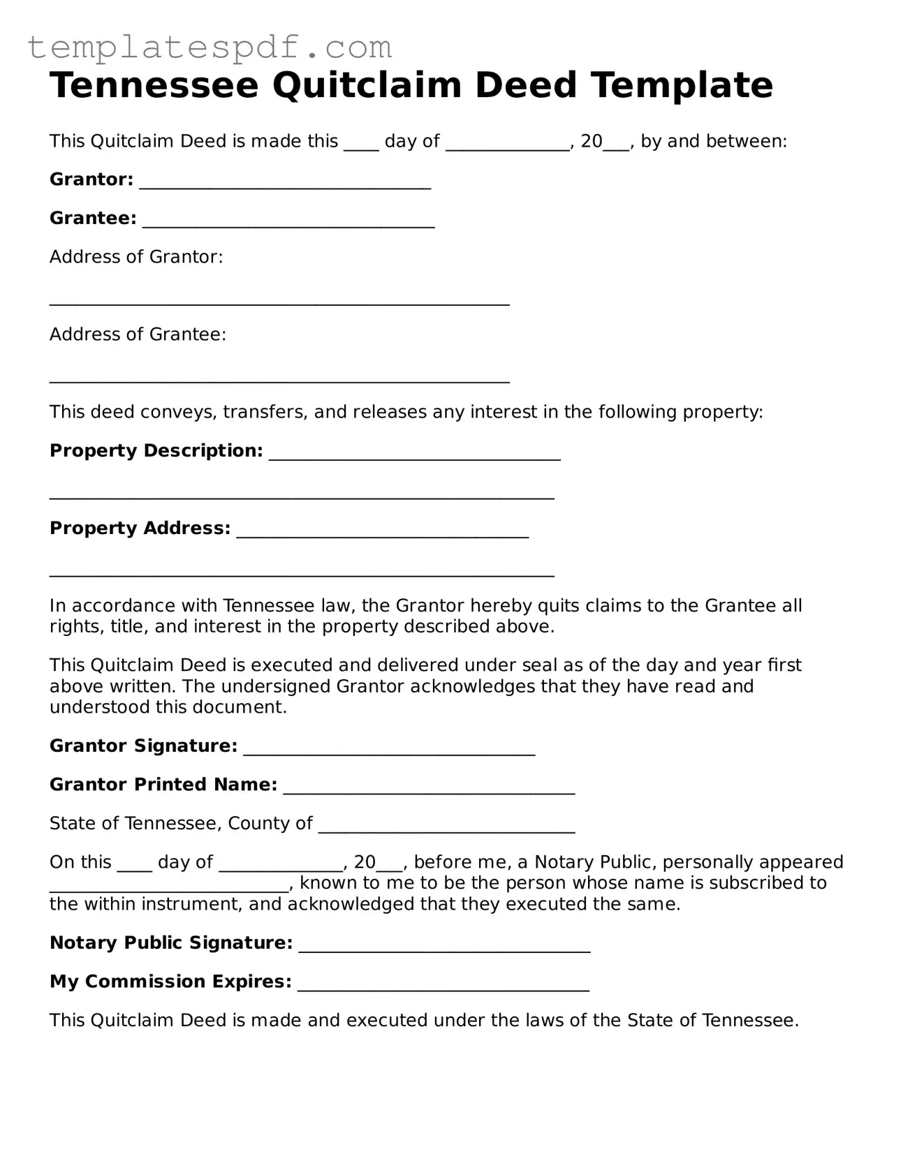 Official  Quitclaim Deed Form for Tennessee