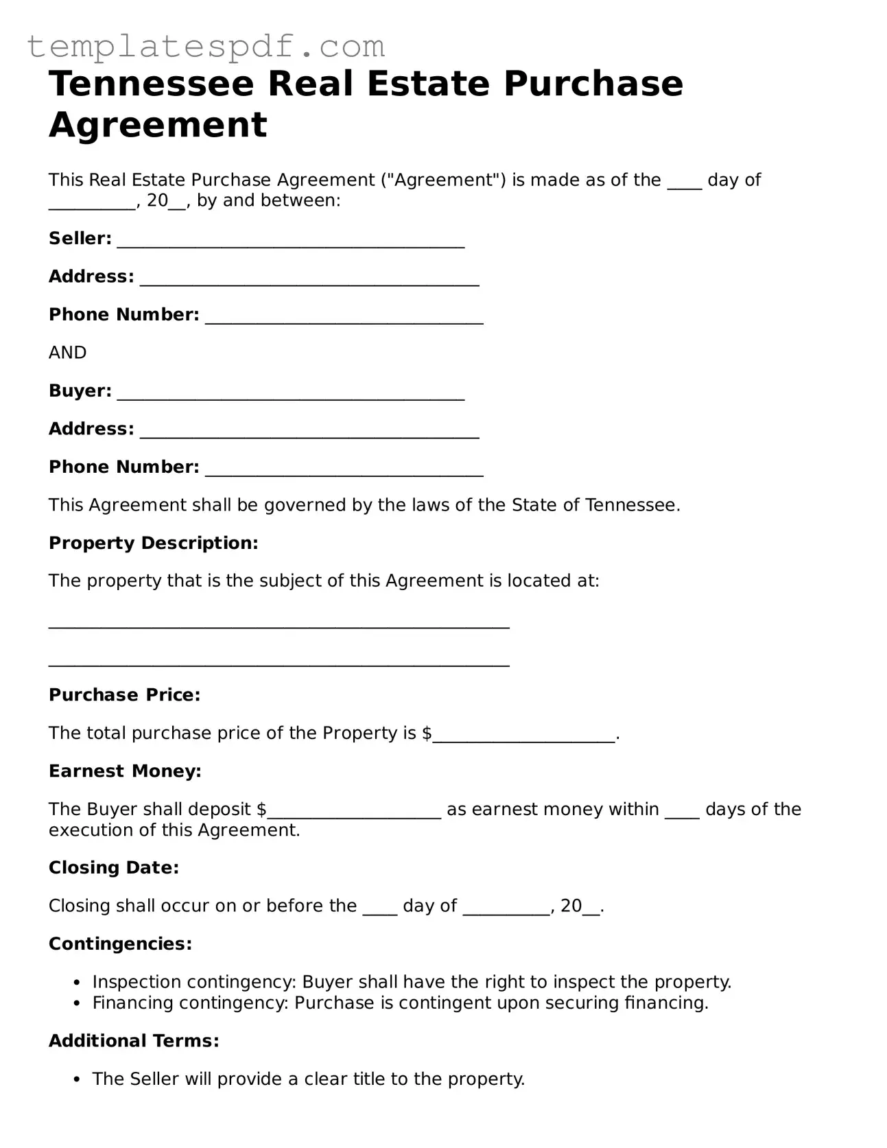 Official  Real Estate Purchase Agreement Form for Tennessee