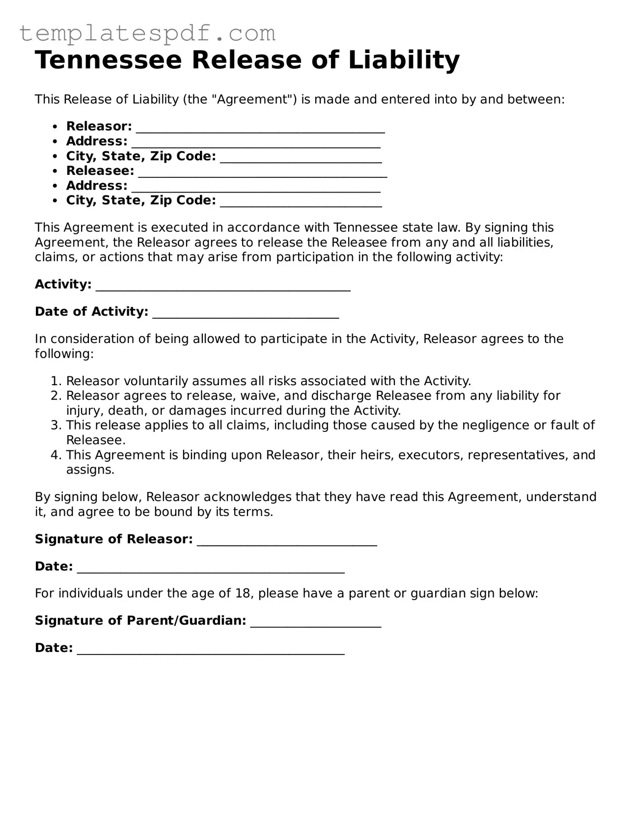 Official  Release of Liability Form for Tennessee