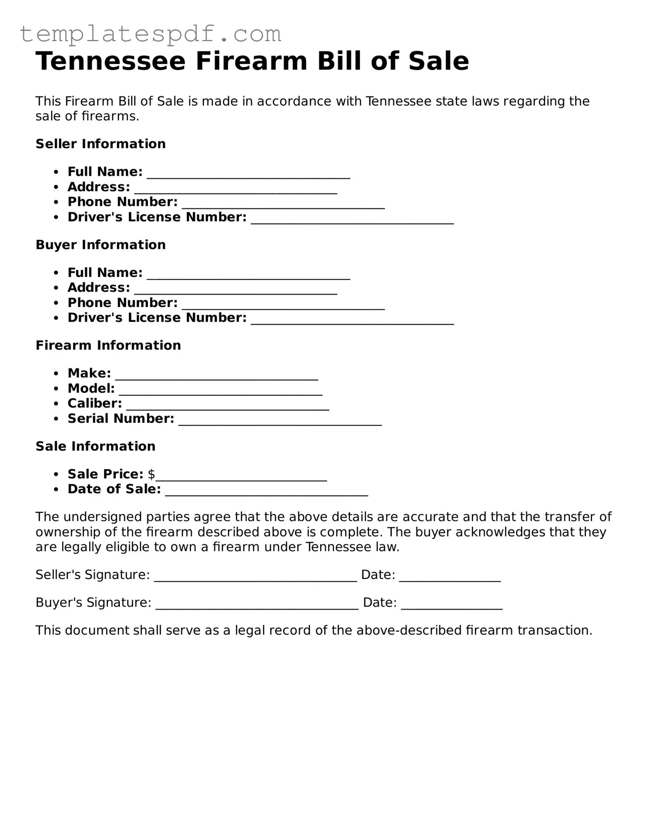 Official  Firearm Bill of Sale Form for Tennessee