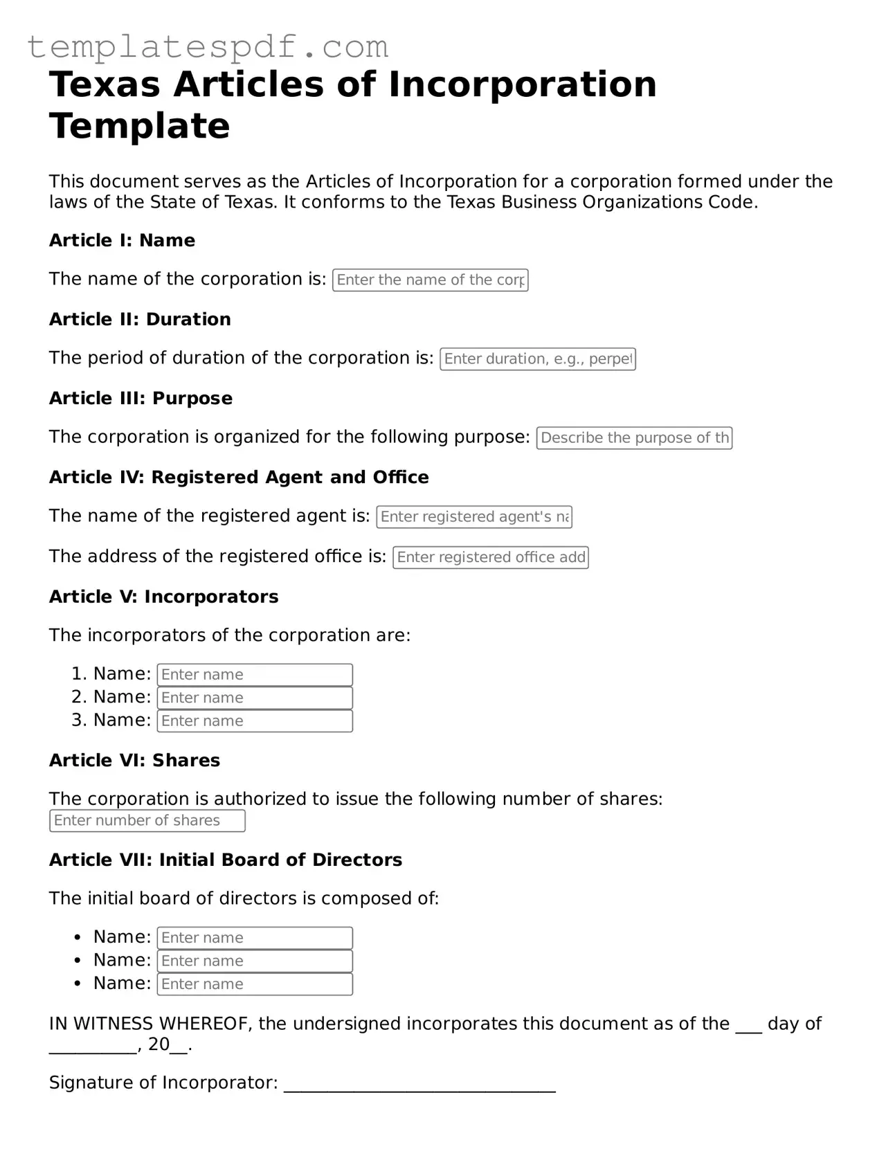 Official  Articles of Incorporation Form for Texas
