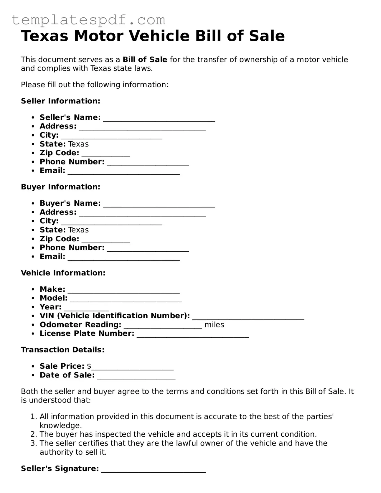 Official  Motor Vehicle Bill of Sale Form for Texas