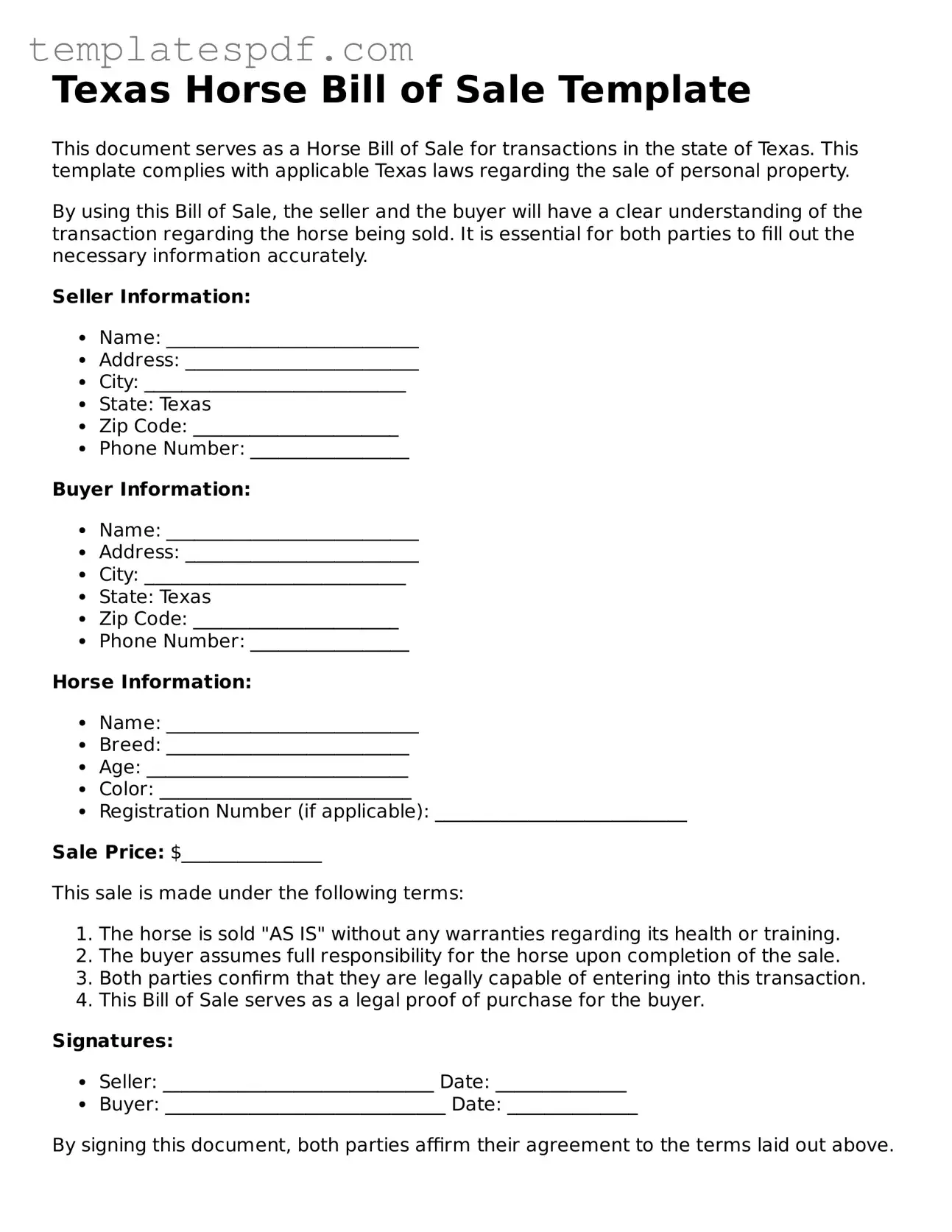 Official  Horse Bill of Sale Form for Texas