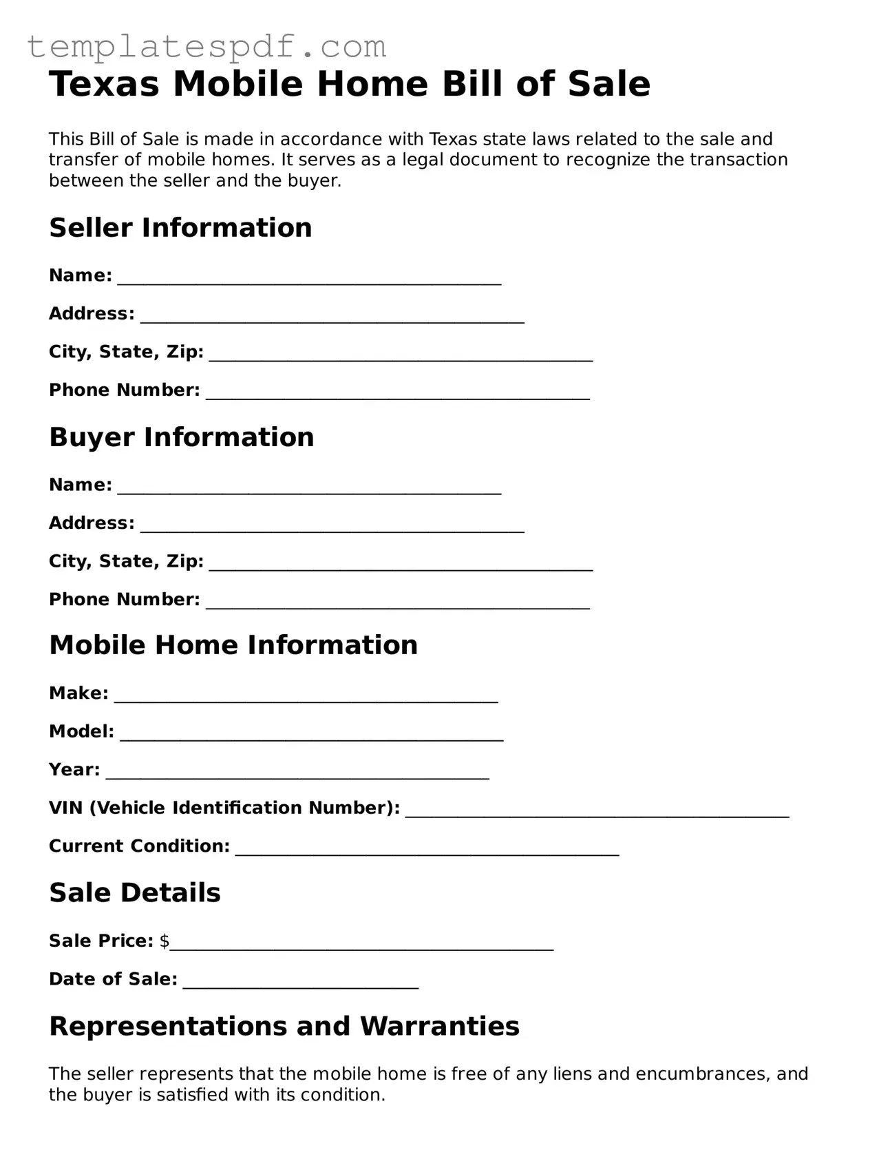 Official  Mobile Home Bill of Sale Form for Texas