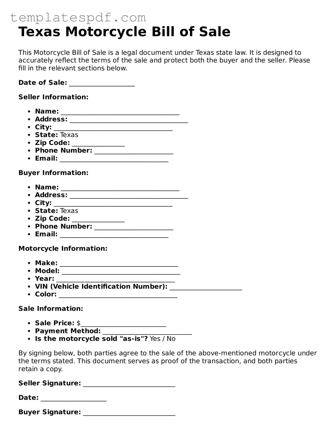 Official  Motorcycle Bill of Sale Form for Texas