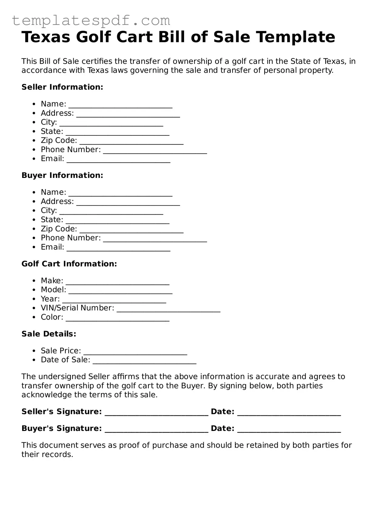 Official  Golf Cart Bill of Sale Form for Texas