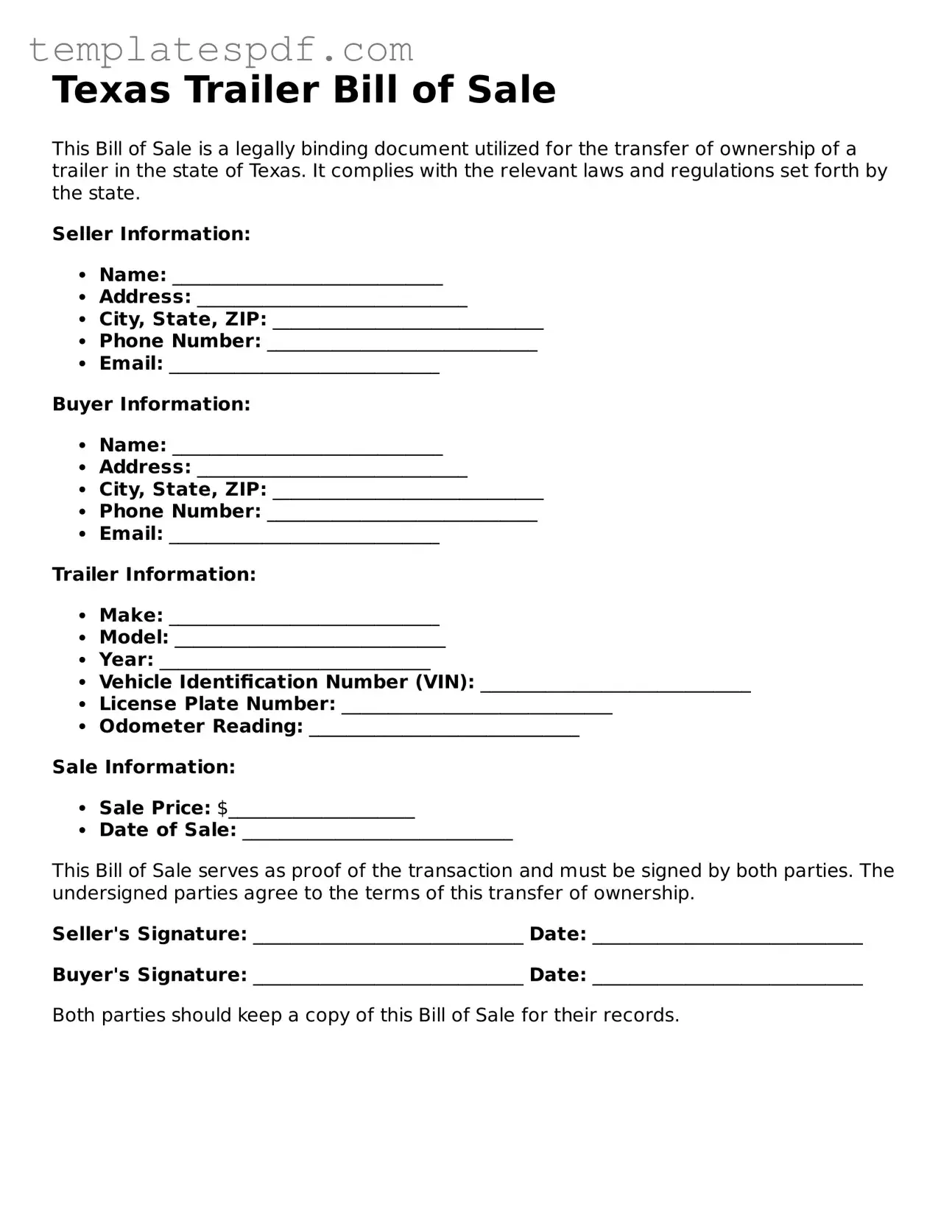 Official  Trailer Bill of Sale Form for Texas