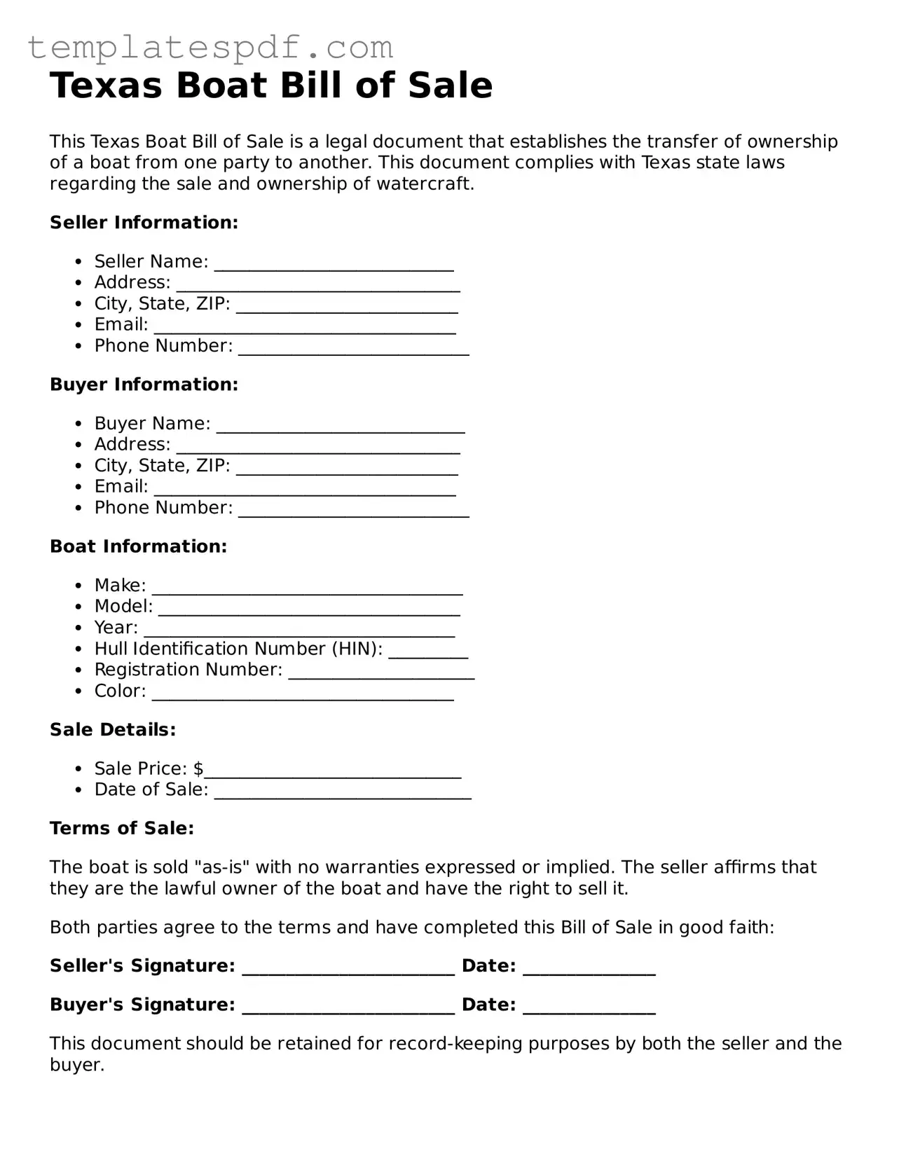 Official  Boat Bill of Sale Form for Texas