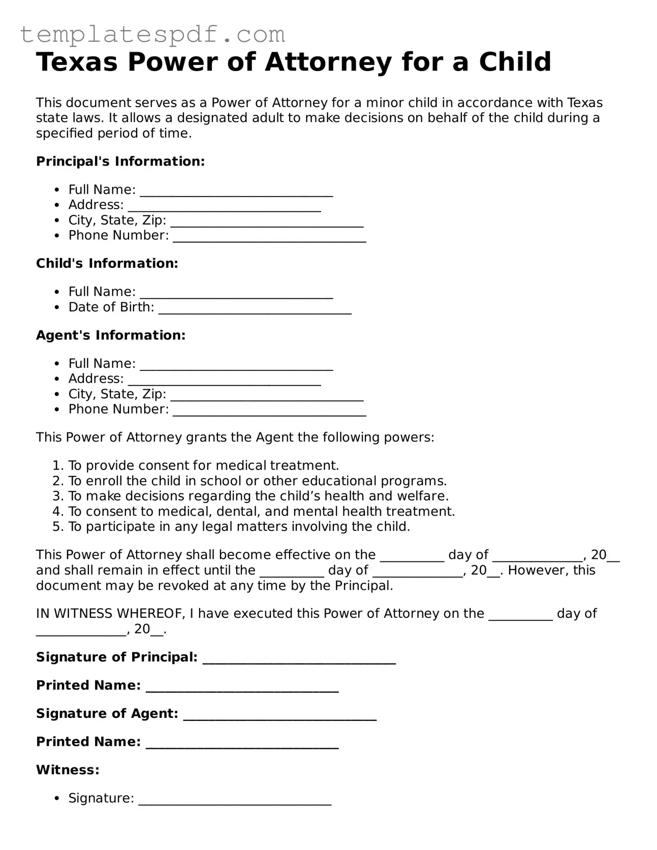 Official  Power of Attorney for a Child Form for Texas