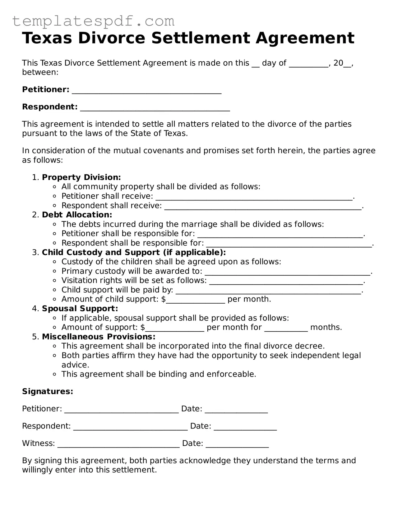 Official  Divorce Settlement Agreement Form for Texas