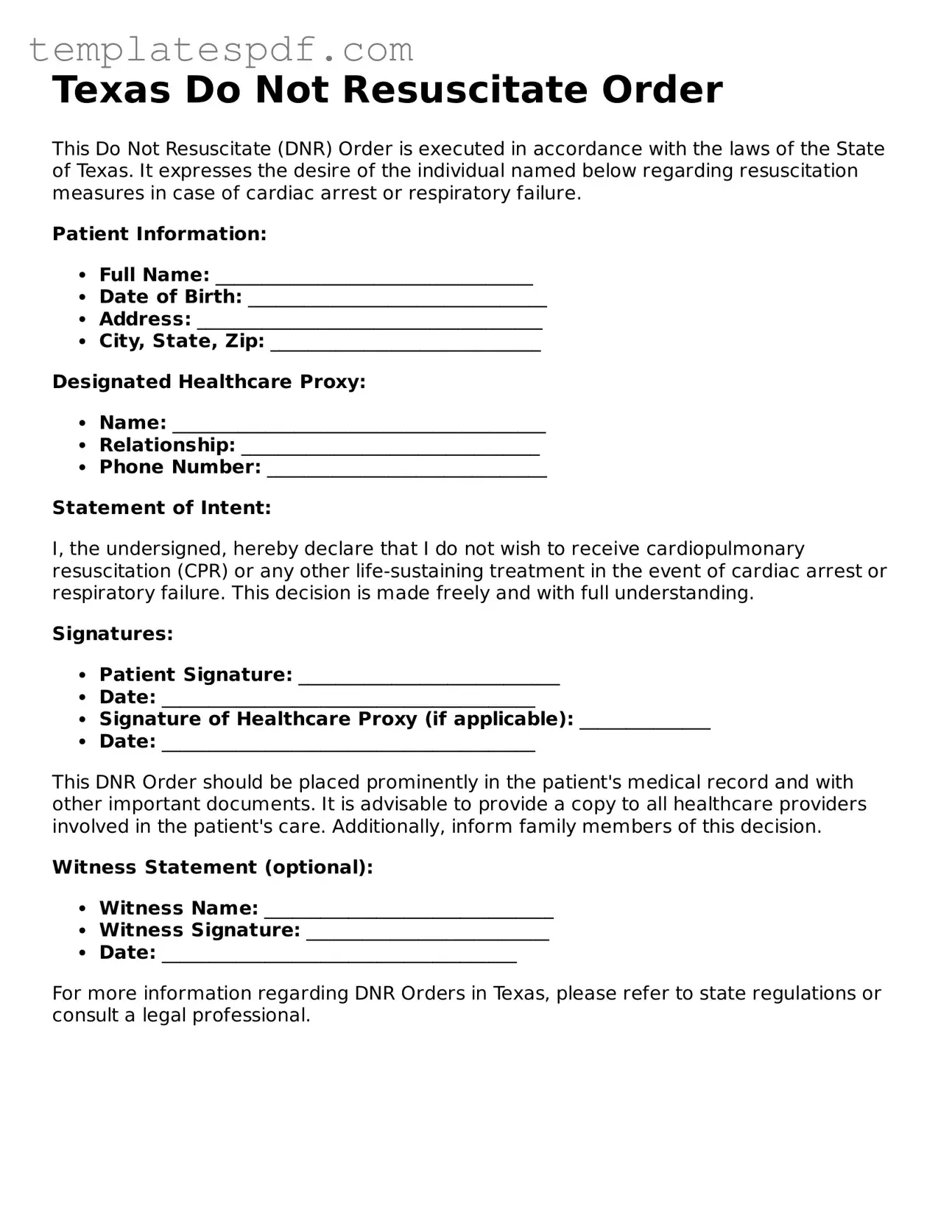 Official  Do Not Resuscitate Order Form for Texas