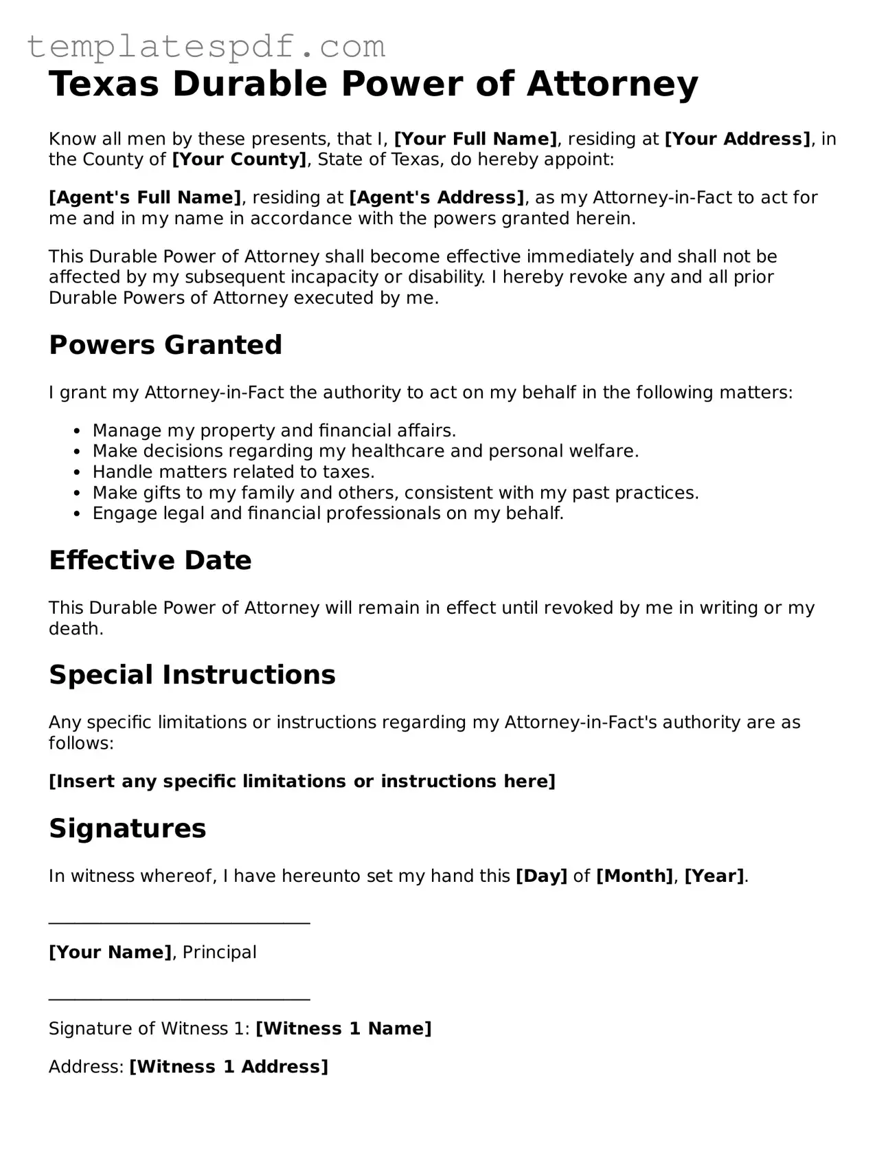 Official  Durable Power of Attorney Form for Texas