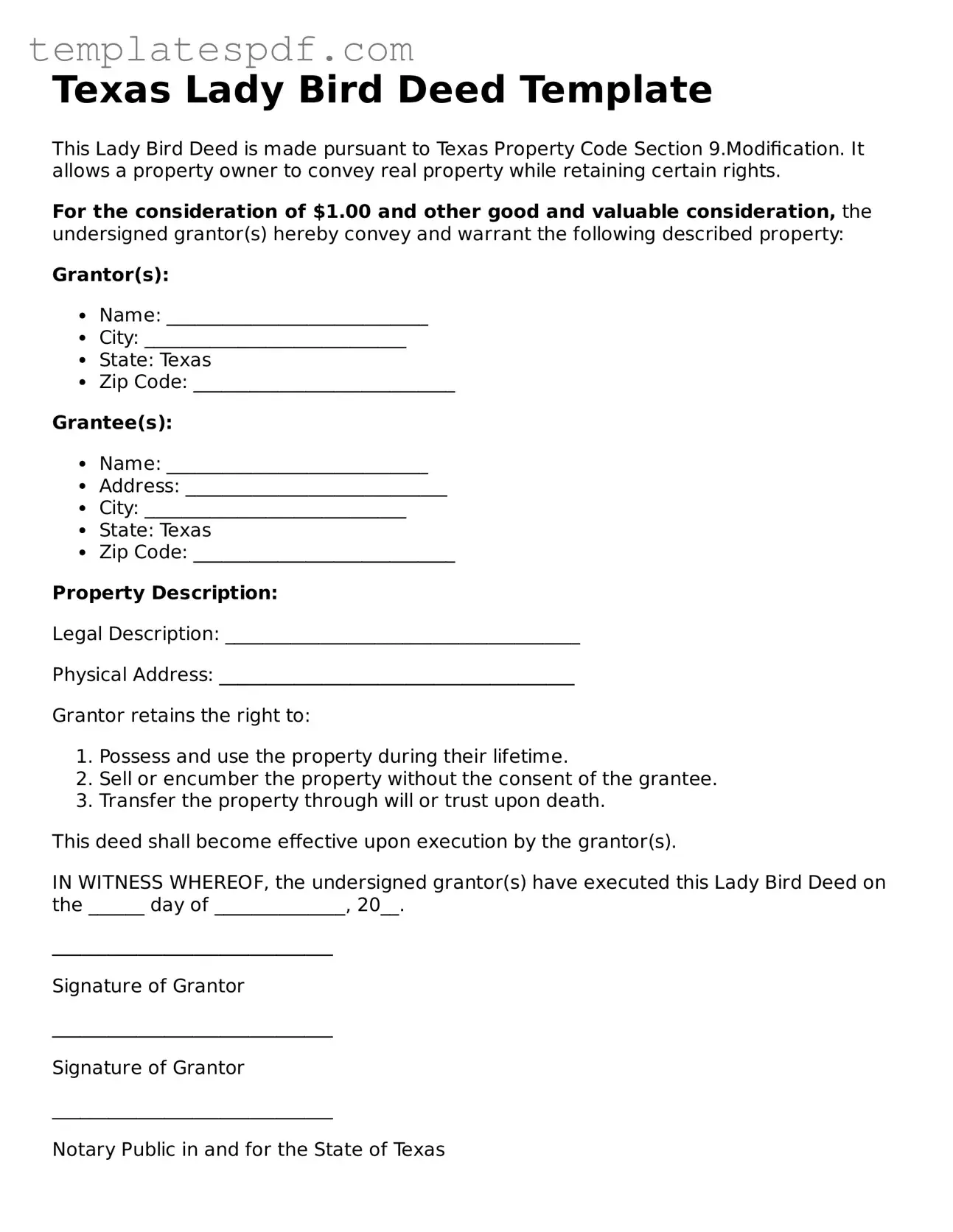 Official  Lady Bird Deed Form for Texas