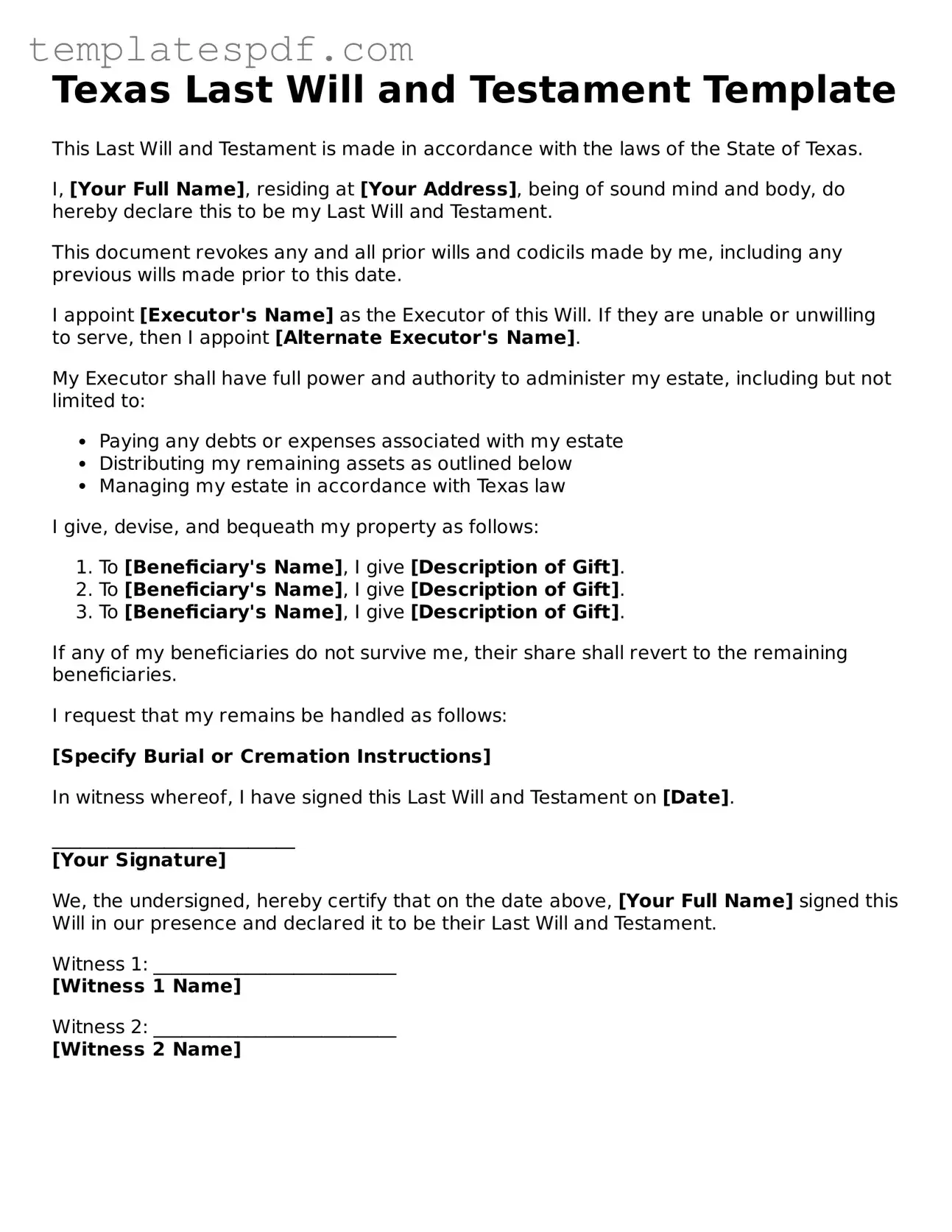 Official  Last Will and Testament Form for Texas