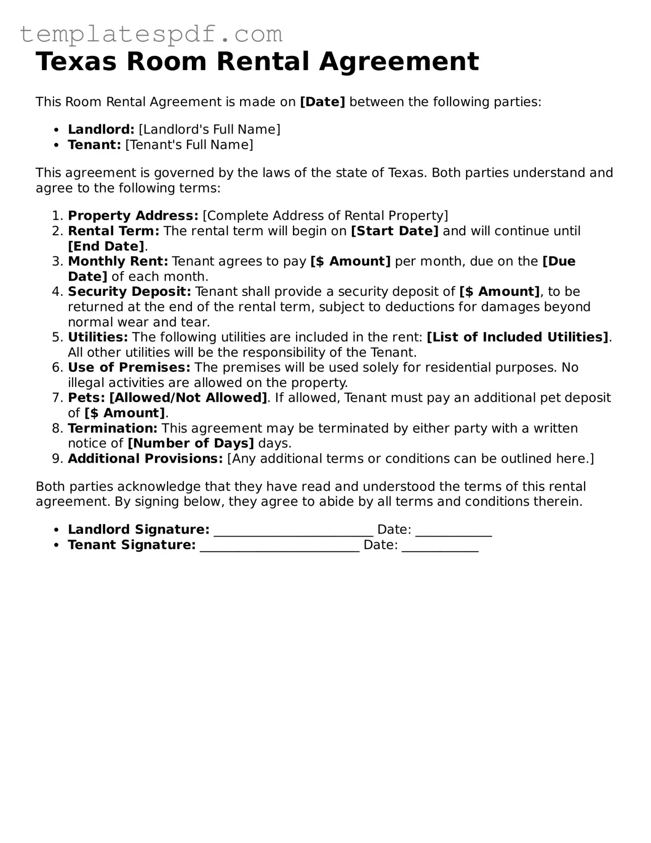 Official  Room Rental Agreement Form for Texas
