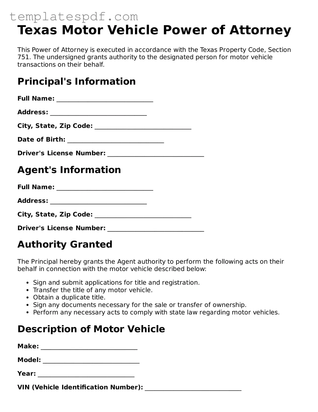 Official  Motor Vehicle Power of Attorney Form for Texas