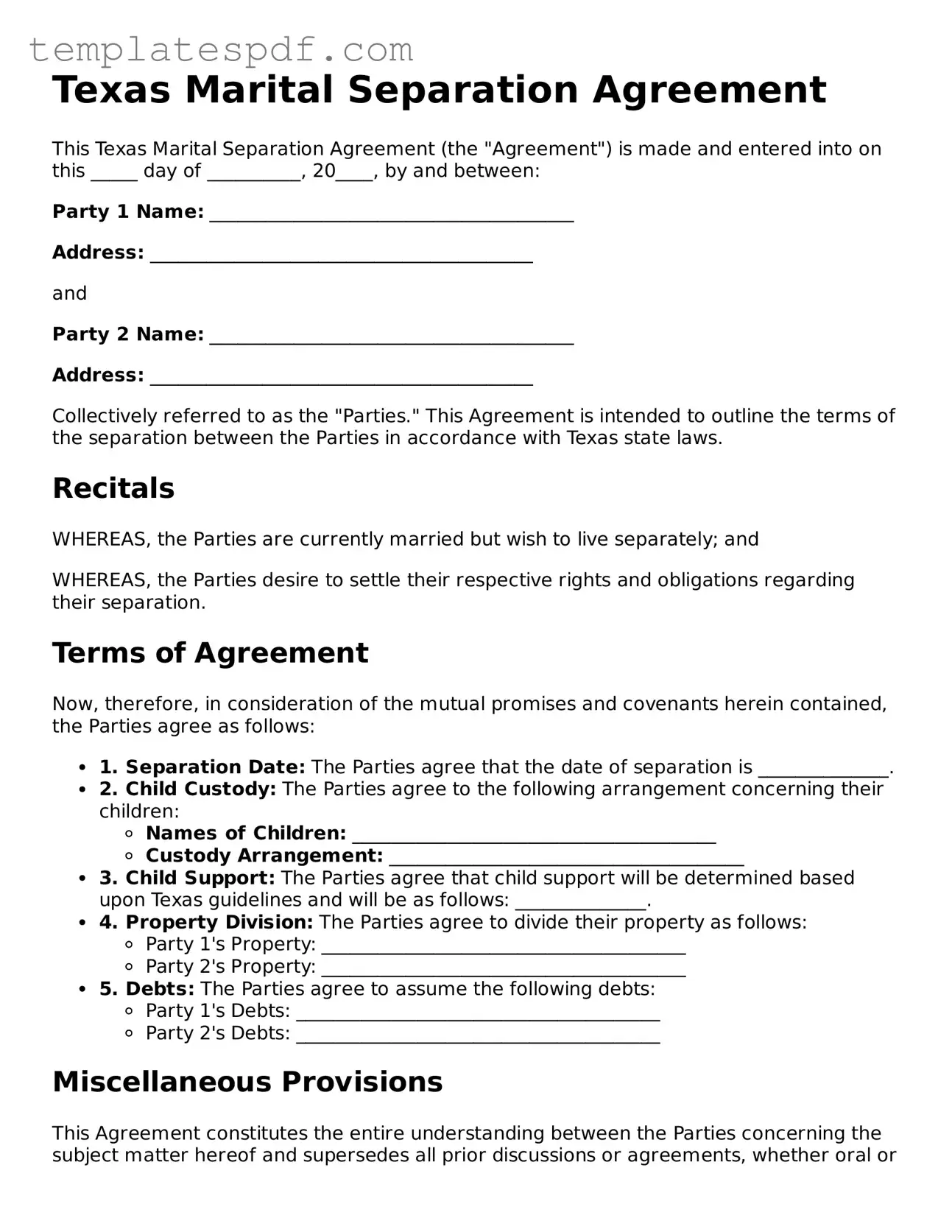 Official  Marital Separation Agreement Form for Texas