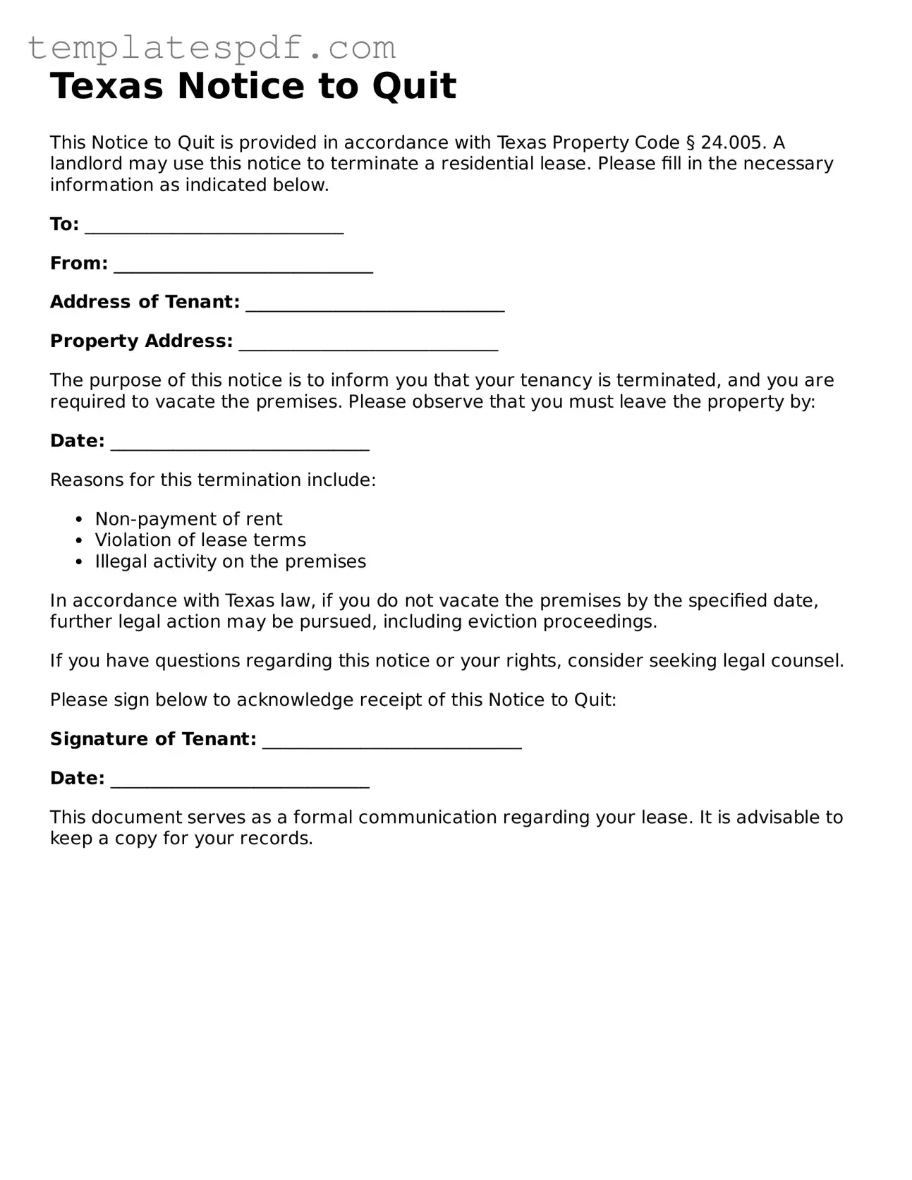 Official  Notice to Quit Form for Texas