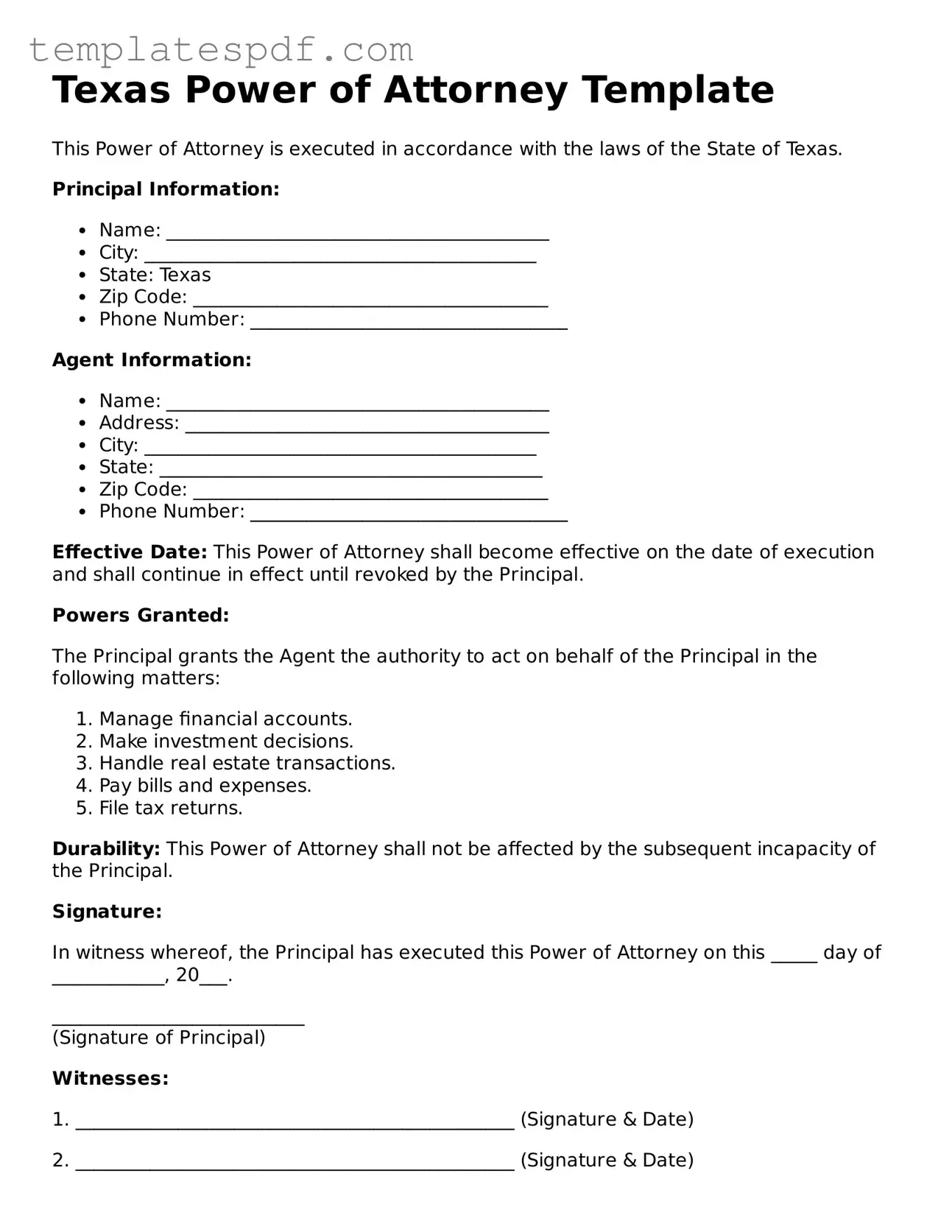 Official  Power of Attorney Form for Texas