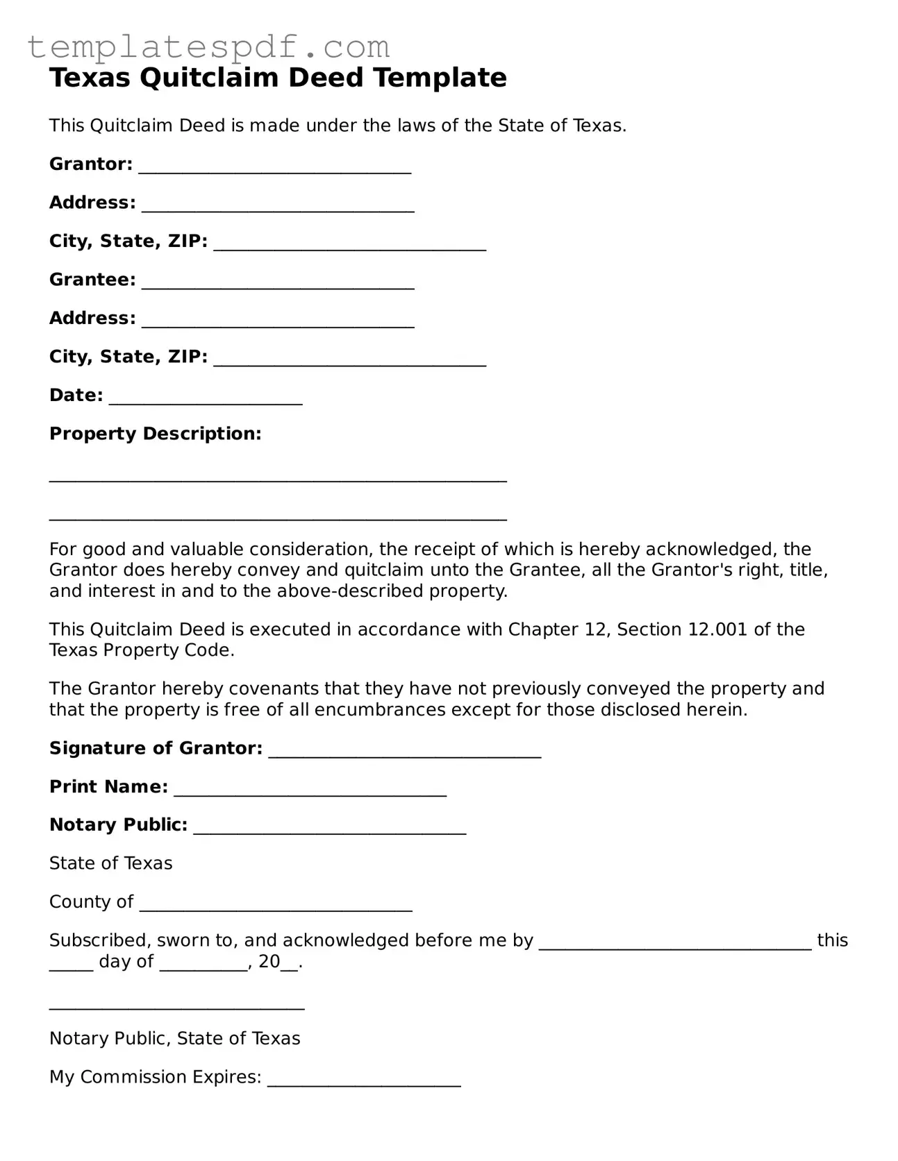 Official  Quitclaim Deed Form for Texas