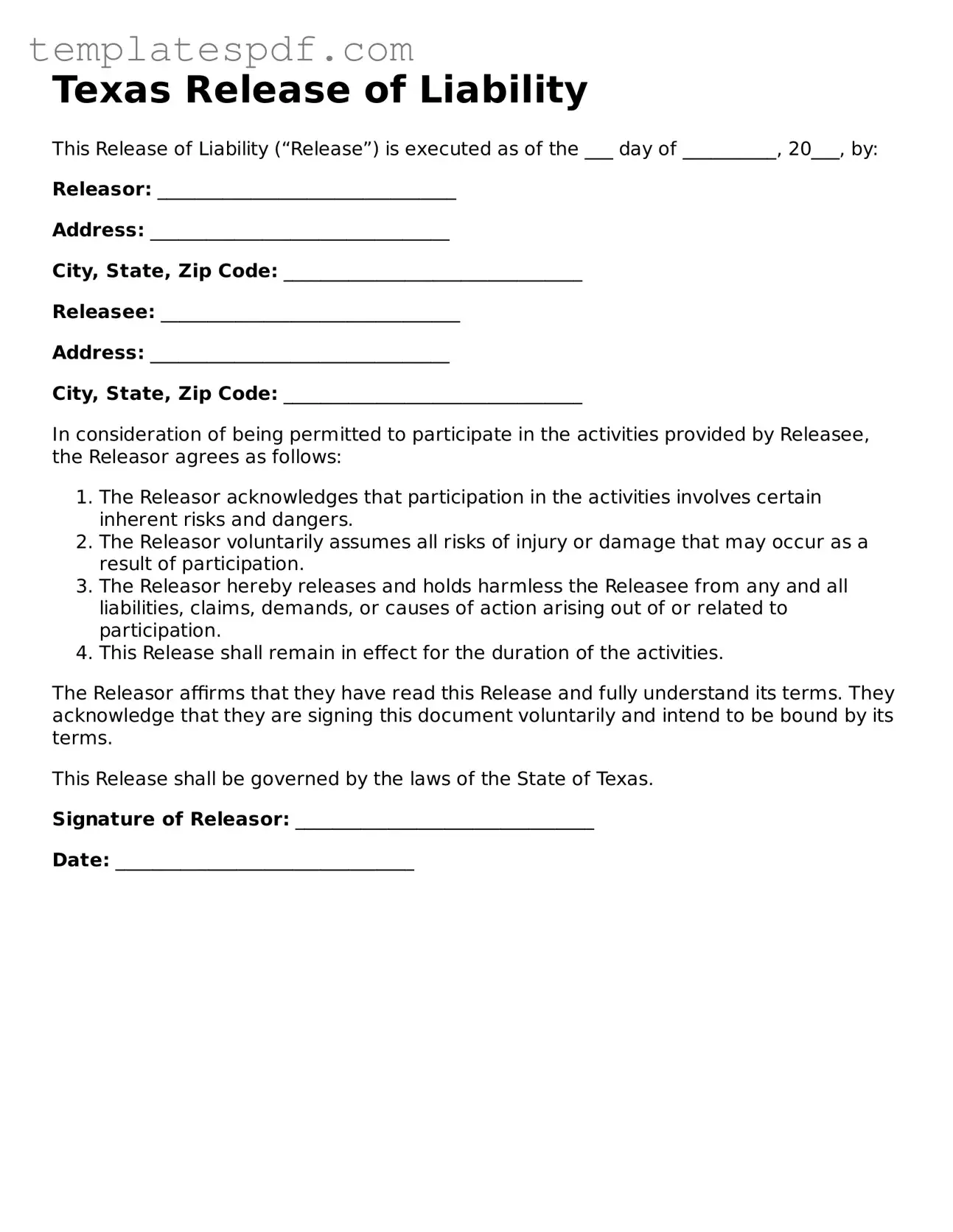 Official  Release of Liability Form for Texas