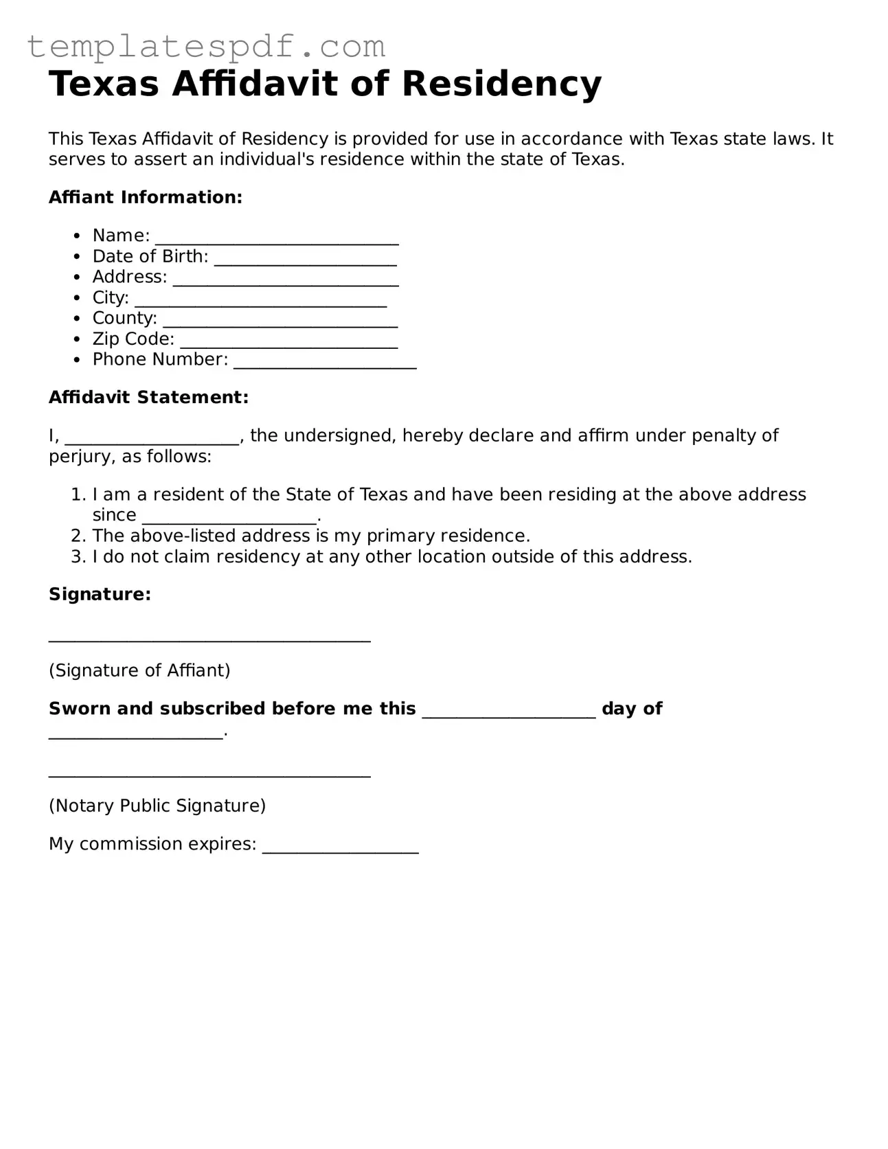 Official  Affidavit of Residency Form for Texas