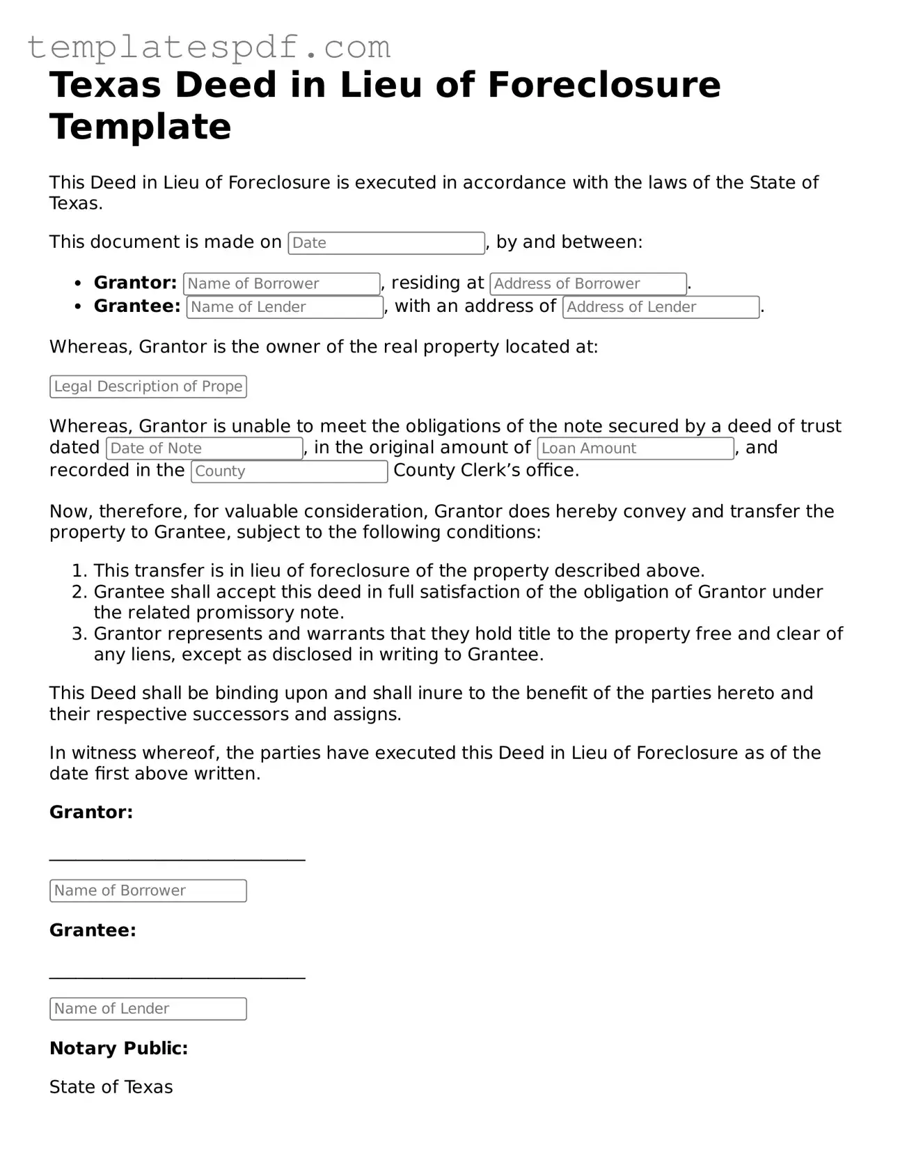 Official  Deed in Lieu of Foreclosure Form for Texas