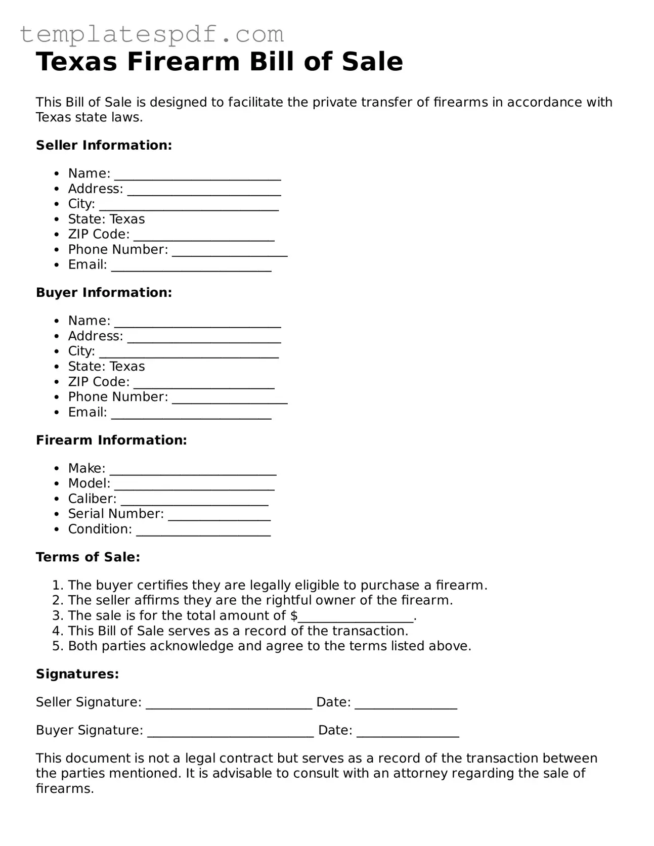 Official  Firearm Bill of Sale Form for Texas