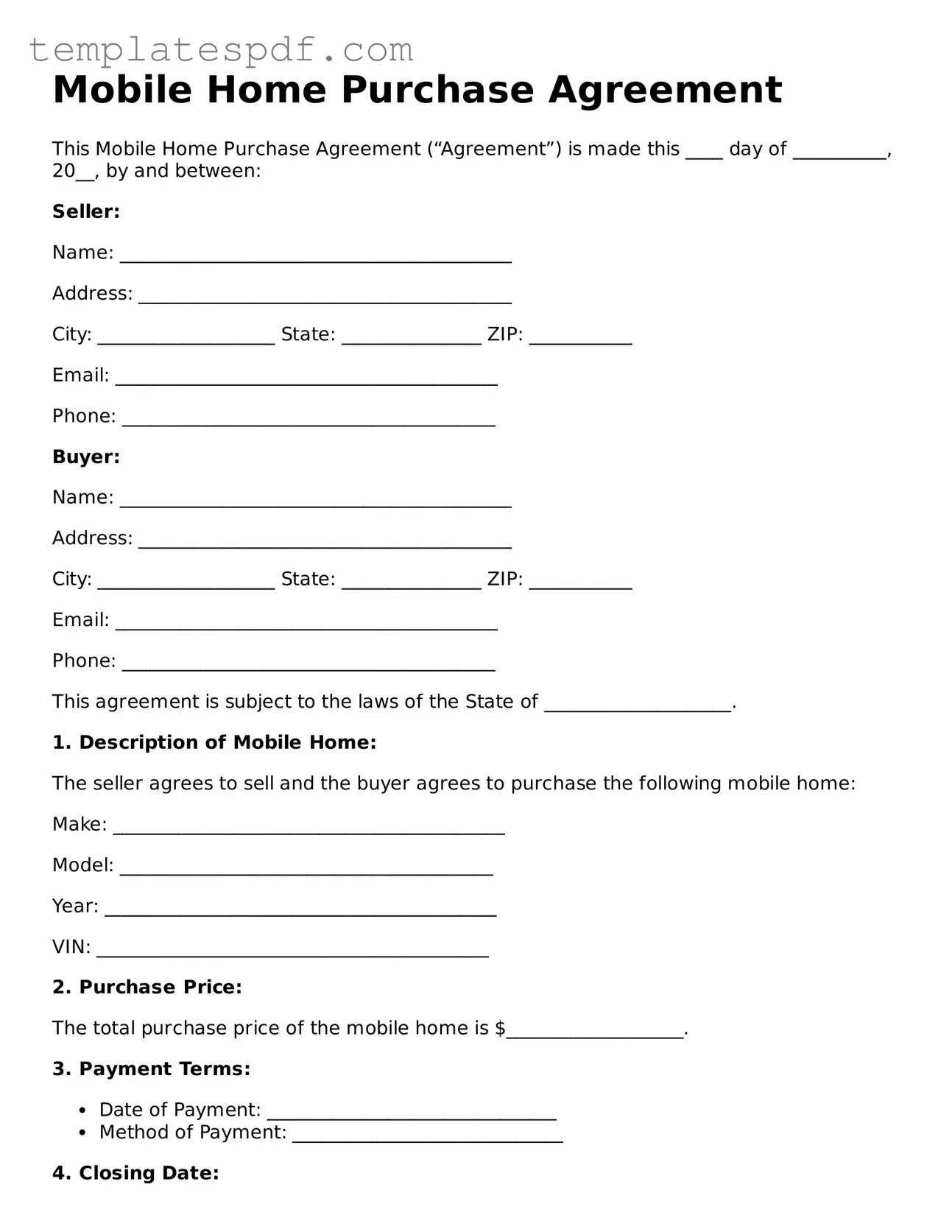 Printable Mobile Home Purchase Agreement Form