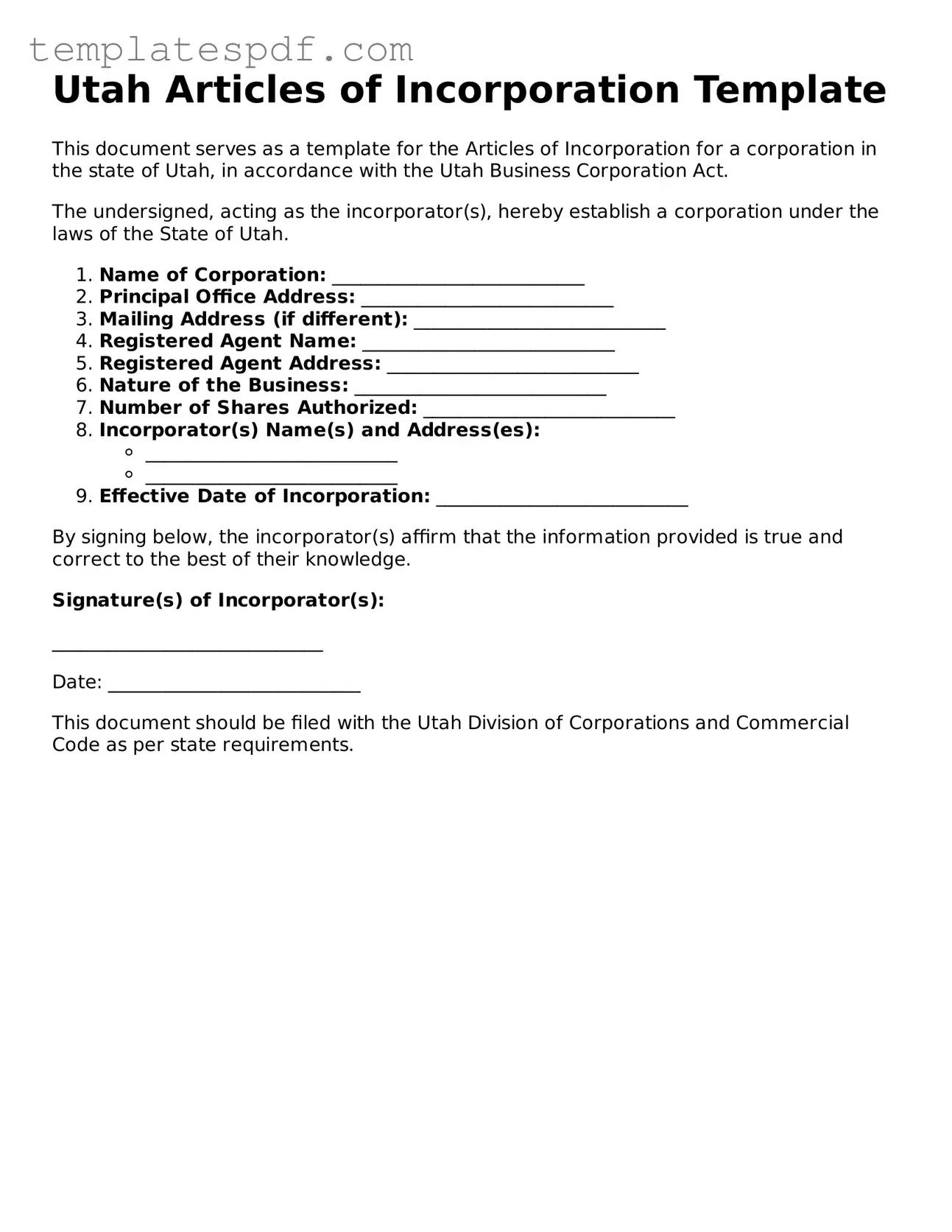 Official  Articles of Incorporation Form for Utah