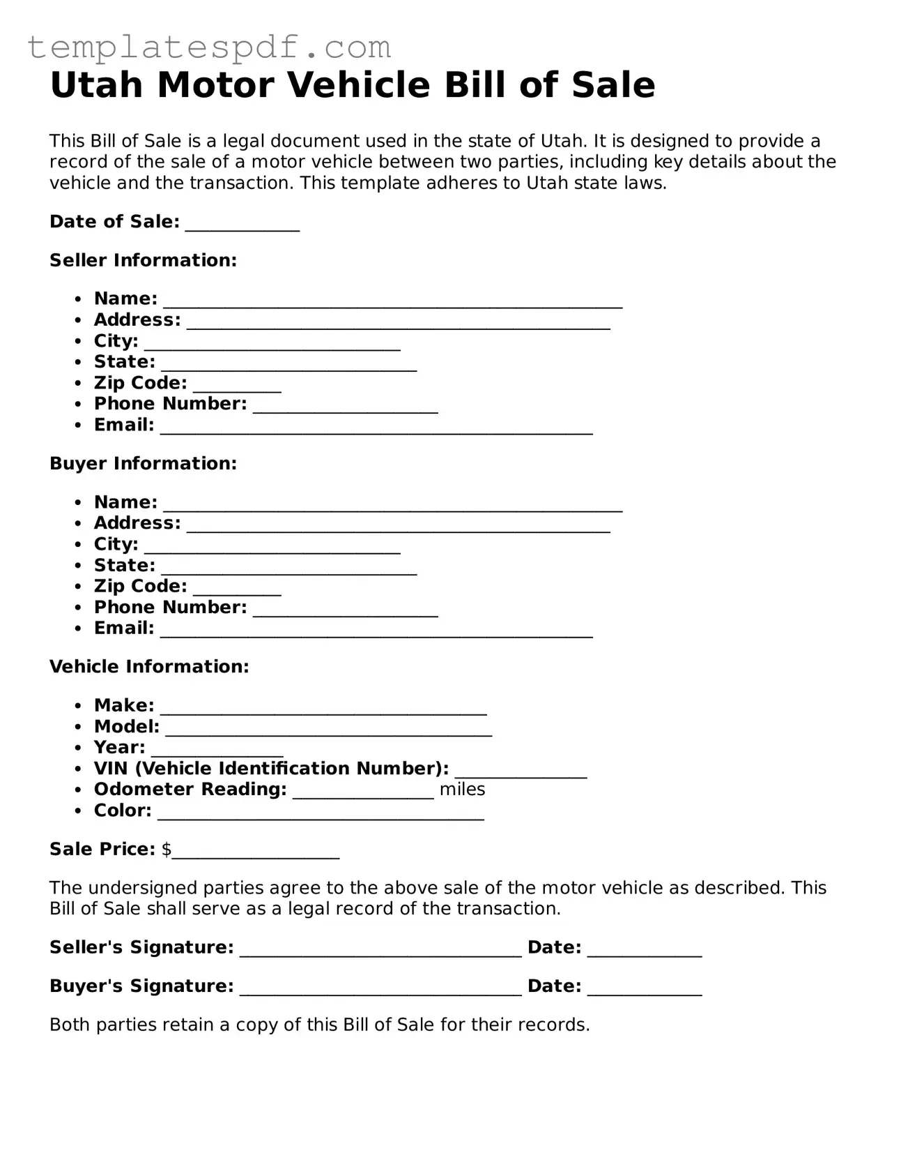 Official  Motor Vehicle Bill of Sale Form for Utah