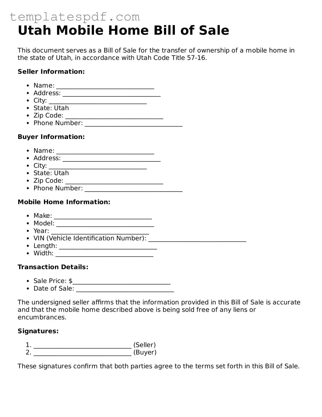 Official  Mobile Home Bill of Sale Form for Utah