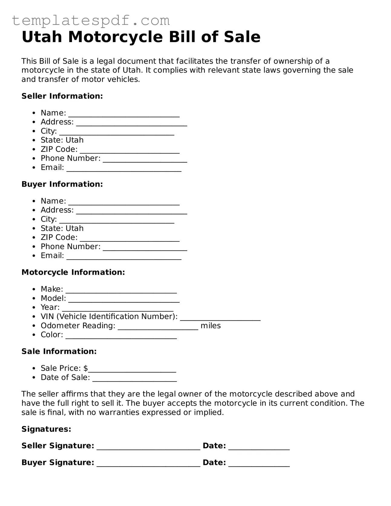 Official  Motorcycle Bill of Sale Form for Utah
