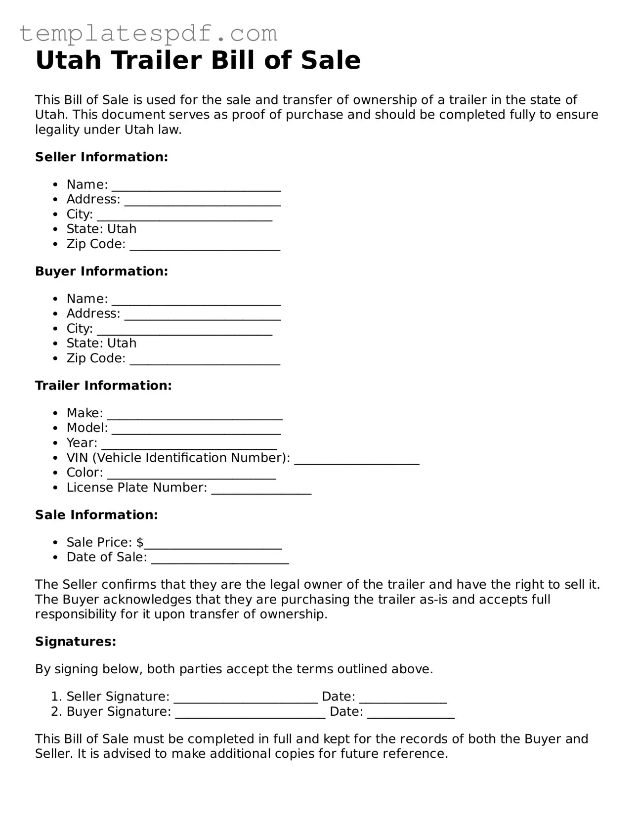Official  Trailer Bill of Sale Form for Utah